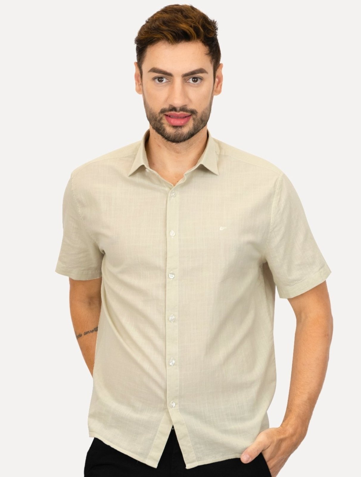 Imagem principal Camisa Ellus Masculina Regular Manga Curta Linen Like Surf New Italian Claro Ellus cáqui