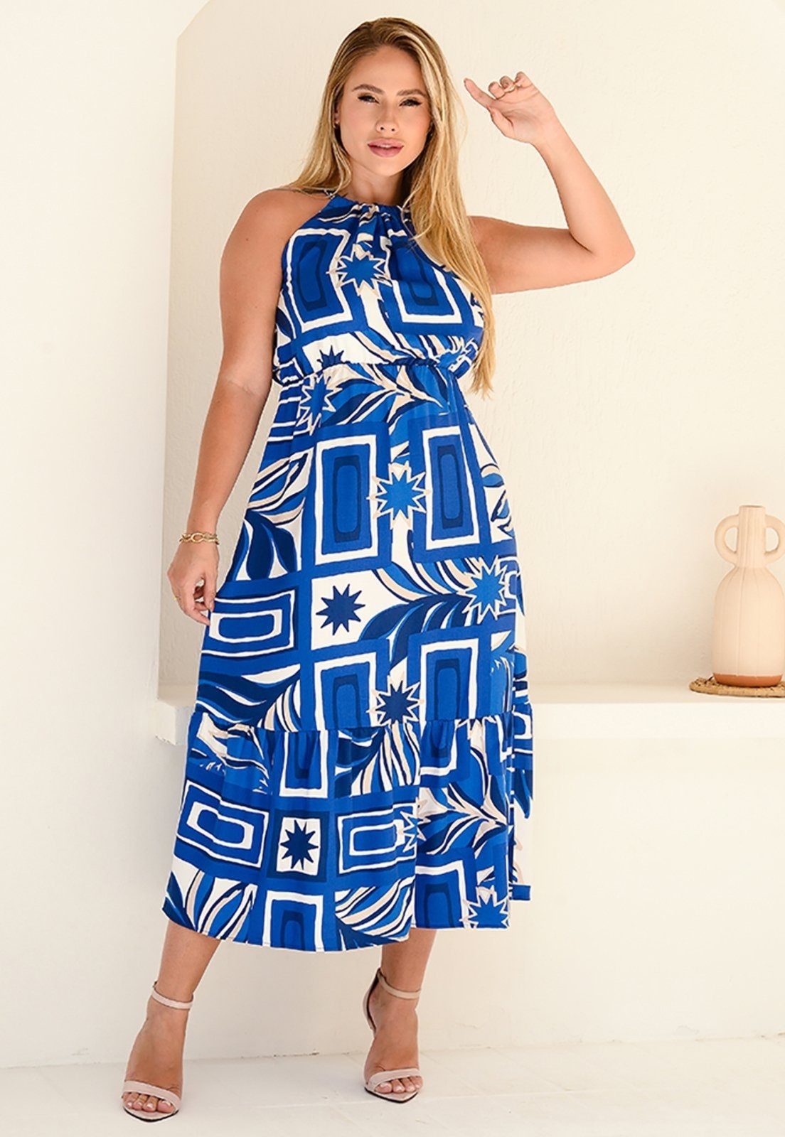 Imagem principal Vestido Midi Cava Americana B’Bonnie Anahi Estampa Azul B'Bonnie estampado azul