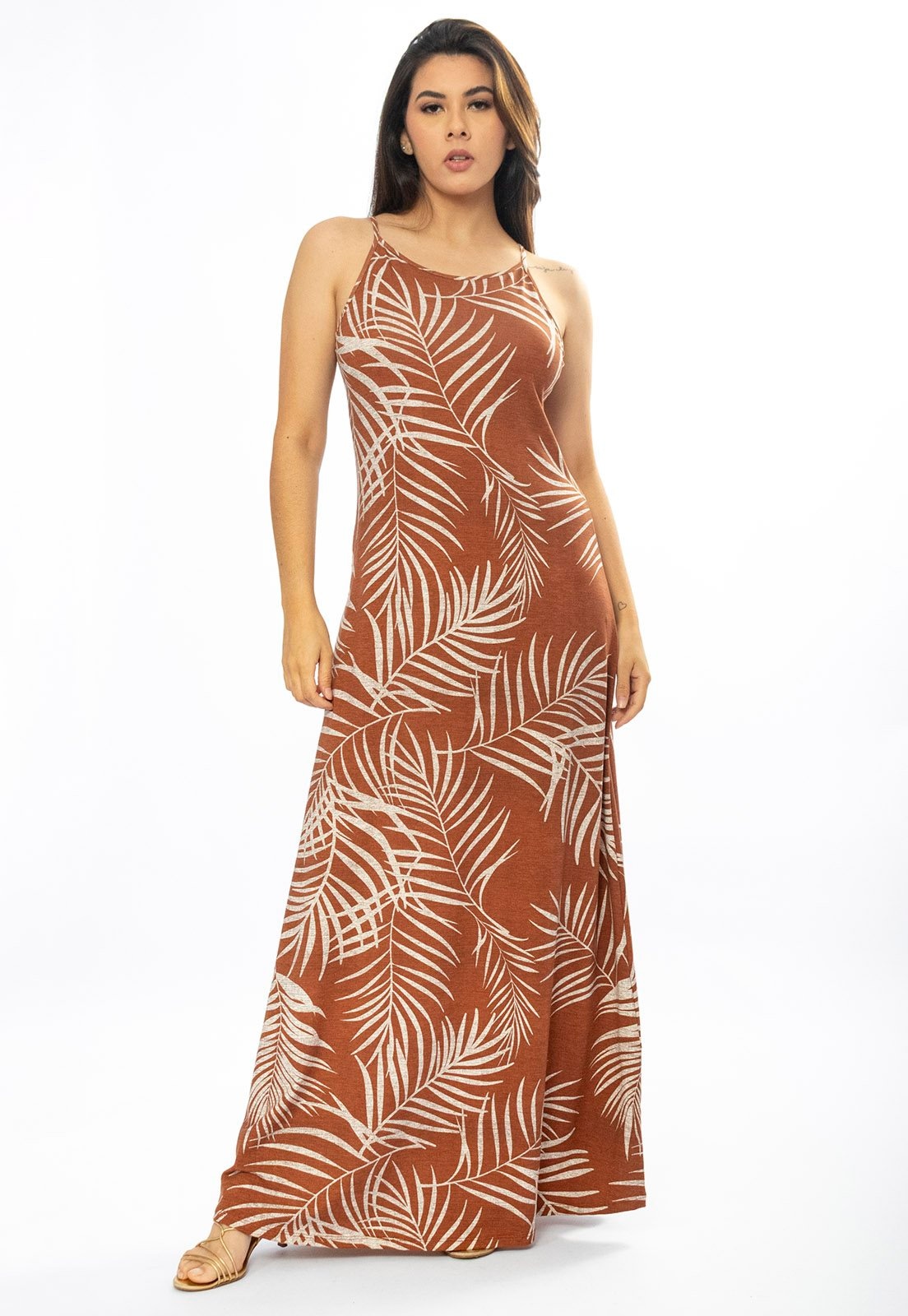 Imagem principal Vestido Longo Cabanafree Malha Trapézio Palmas da Terra Cabanafree estampado/off-white