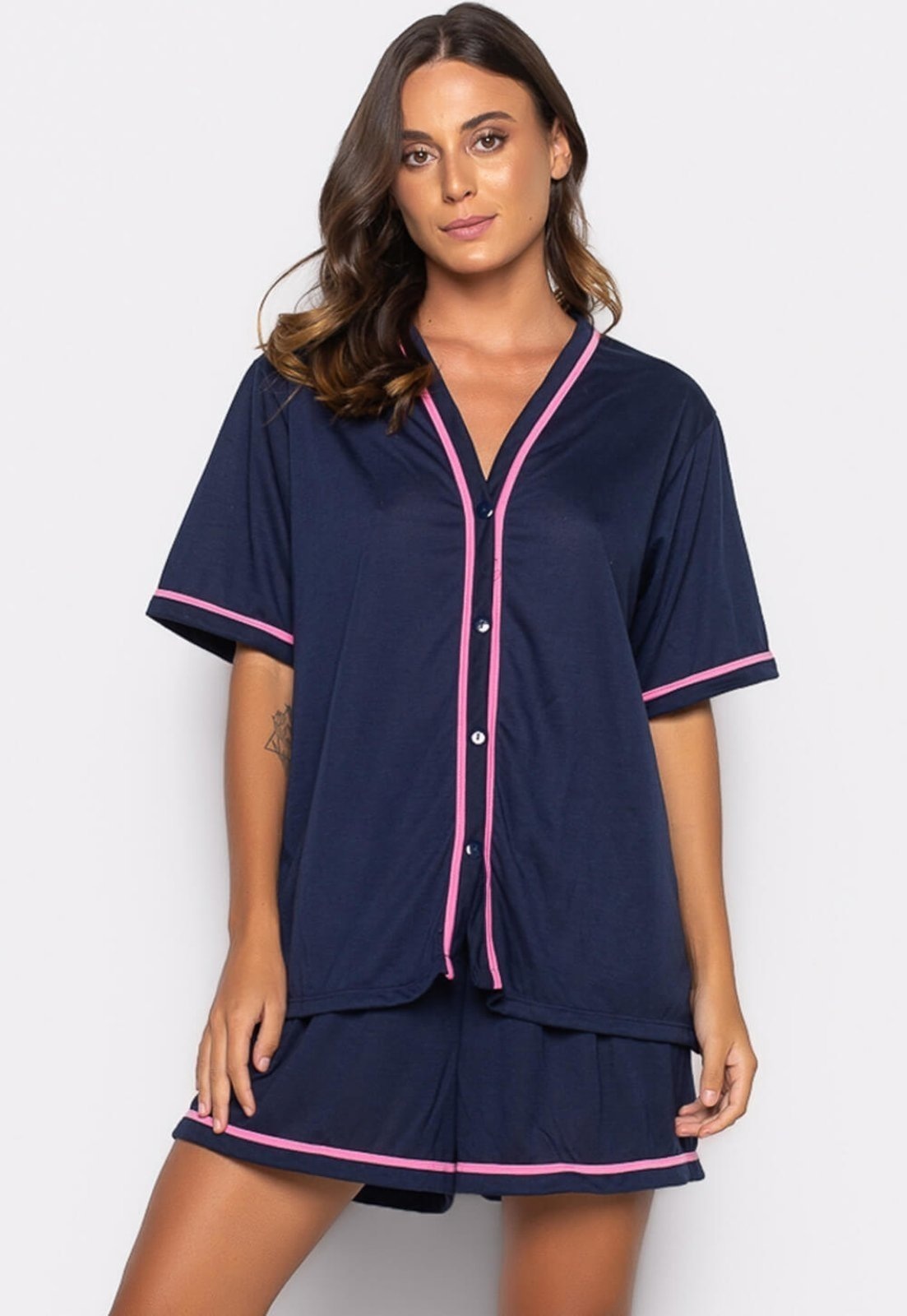 Imagem principal Pijama Bravaa Store Curto Baby Doll Americano Blogueirinha Botão Adulto Amamentação 021 Azul BRAVAA STORE azul marinho