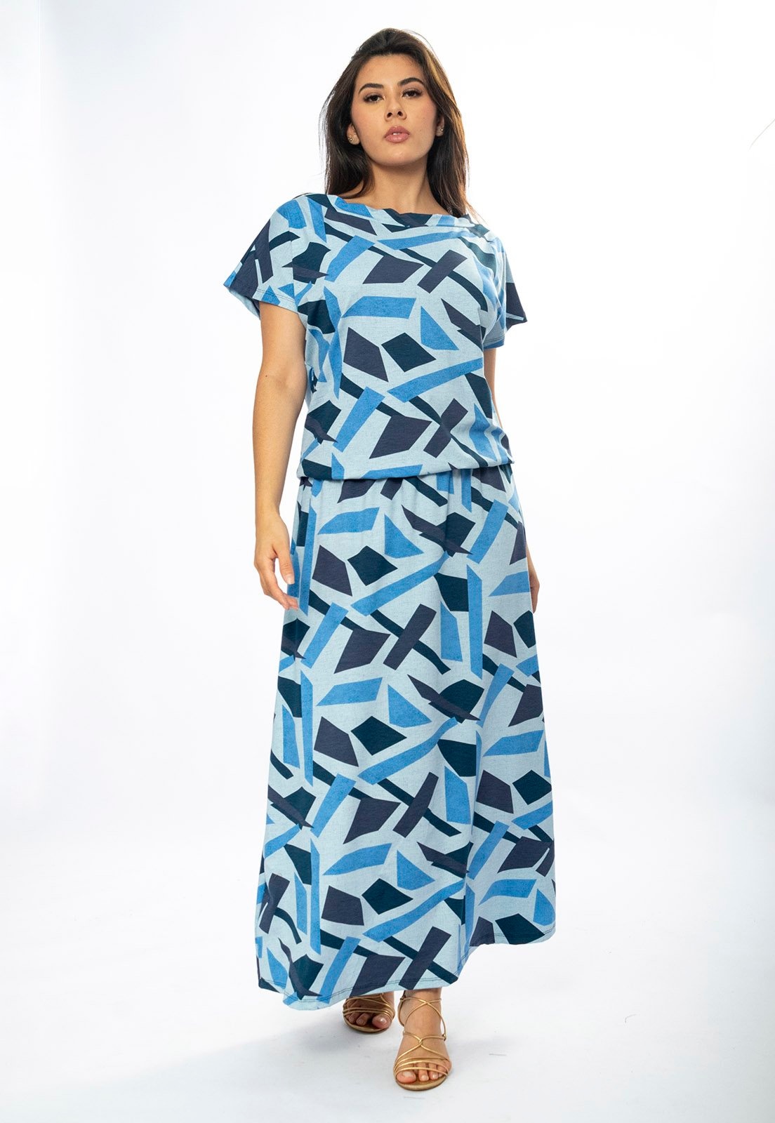 Imagem principal Vestido Longo Amazônia Vital Morcego Malha Estampa Caminhos de Azul Amazonia Vital azul marinho/estampado