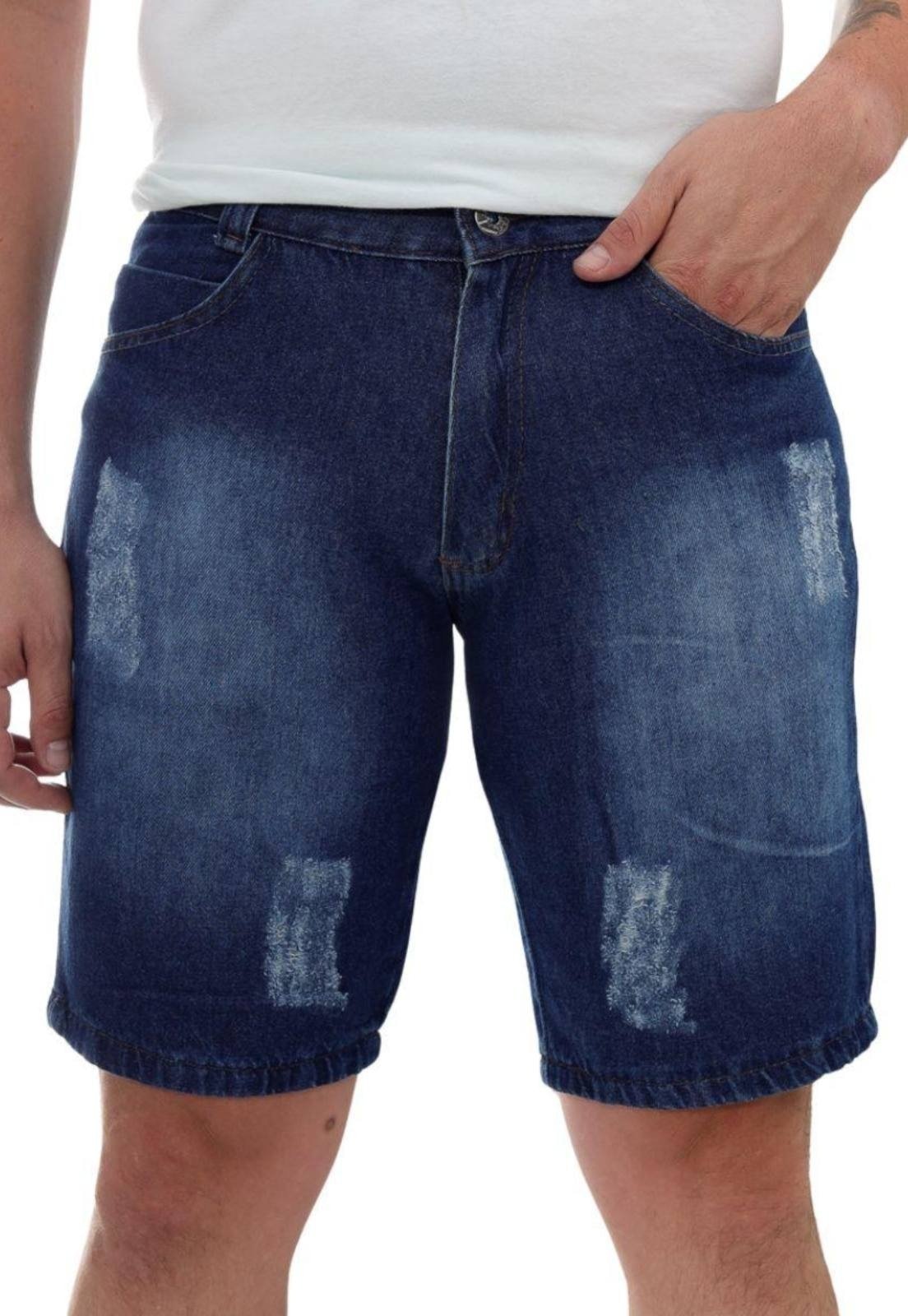 Imagem principal Bermuda Jeans Masculina Estilo Renovado Básica Lavagem Escura Detalhes Puídos Moda Premium ER ESTILO RENOVADO azul