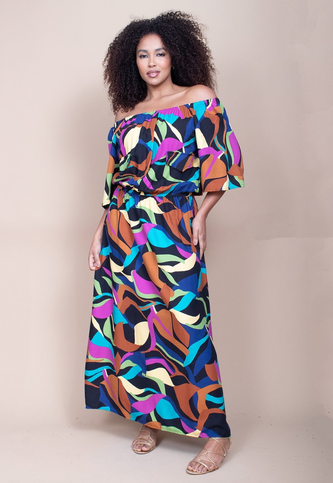 Imagem principal Vestido Midi Cabanafree Ciganinha Viscose com Lapela Estampa Aurora Urbana Cabanafree azul/estampado/preto/verde