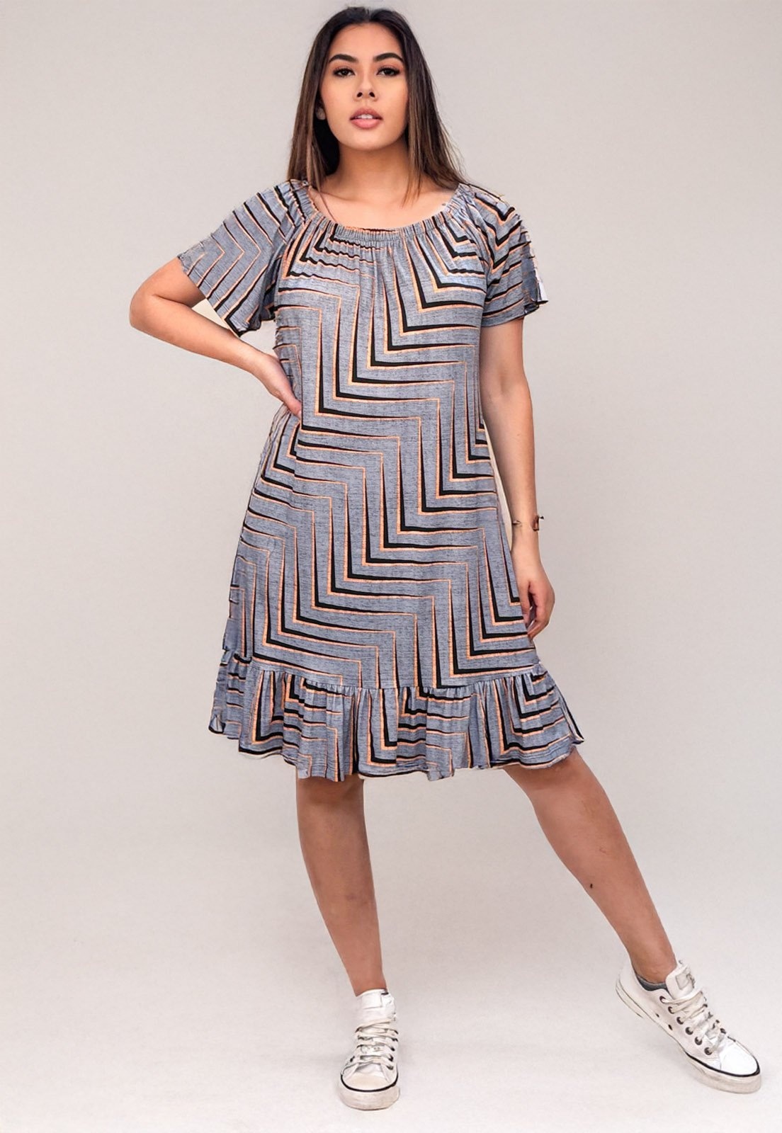 Imagem principal Vestido Curto Cabafree Malha Mullet Ombro a Ombro Amplo Estampa Murici Cabanafree cinza/estampado