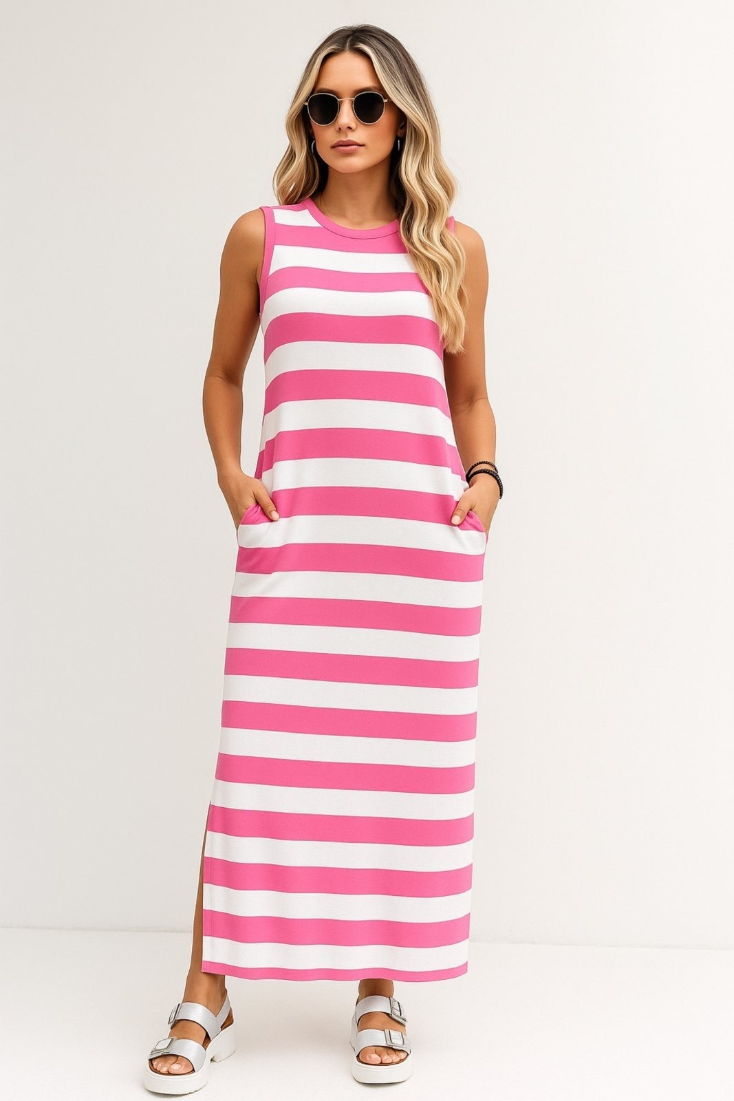 Imagem principal Vestido Longo D Bell Outlet Fashion Fenda Rosa D BELL OUTLET FASHION branco/listrado/rosa rosa