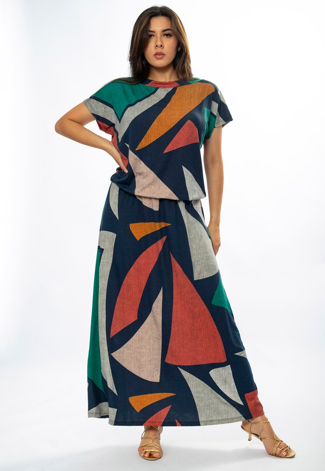 Imagem principal Vestido Longo Amazônia Vital Morcego Malha Estampa Geometrias do Tempo Amazonia Vital azul marinho/cinza/estampado/verde