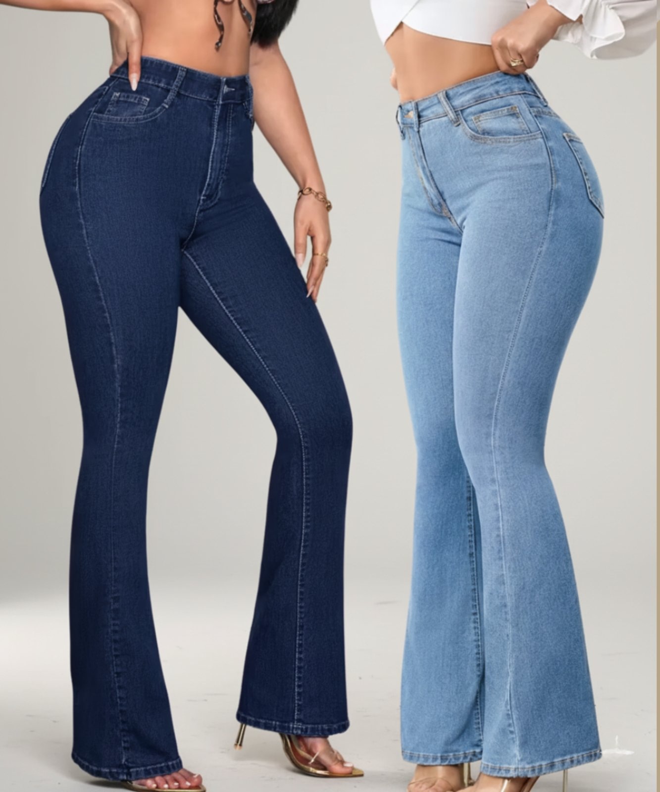Imagem principal Kit 2 Calças Flare Jeans Feminina Alpha Street Wear Premium Com Elastano Cintura Alta Levanta Bumbum Estilo Gringa Delave Alpha Street Wear azul/azul marinho/jeans azul