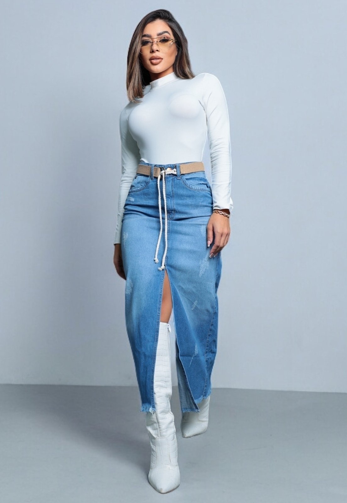 Imagem principal Saia Longa Jeans Feminina Cós Alto Fenda Frontal E Cinto Patria Brasil azul