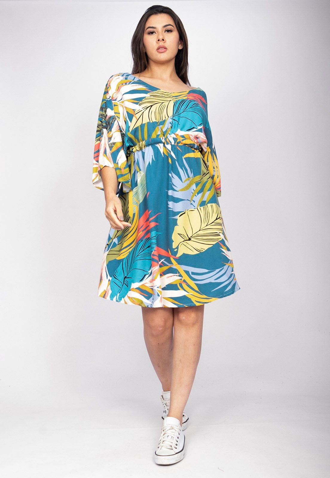 Imagem principal Vestido Curto CabanaFree Caaxixá Viscose com Cordão na Cintura Estampa Brisa Botânica Cabanafree estampado/marrom/verde