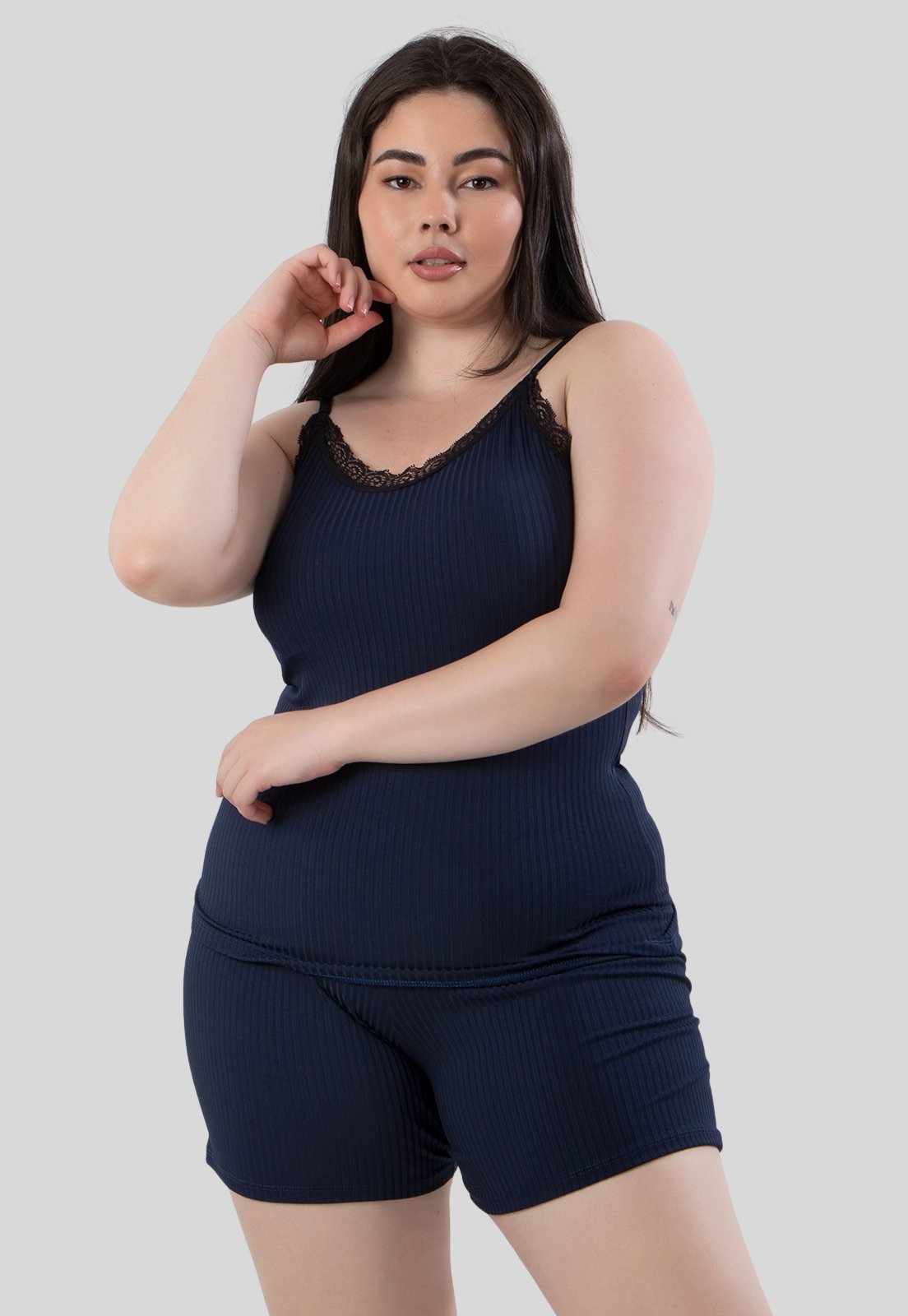 Imagem principal Baby Doll Plus Size Diluxo Canelado Ribana Detalhe em Renda Diluxo azul marinho