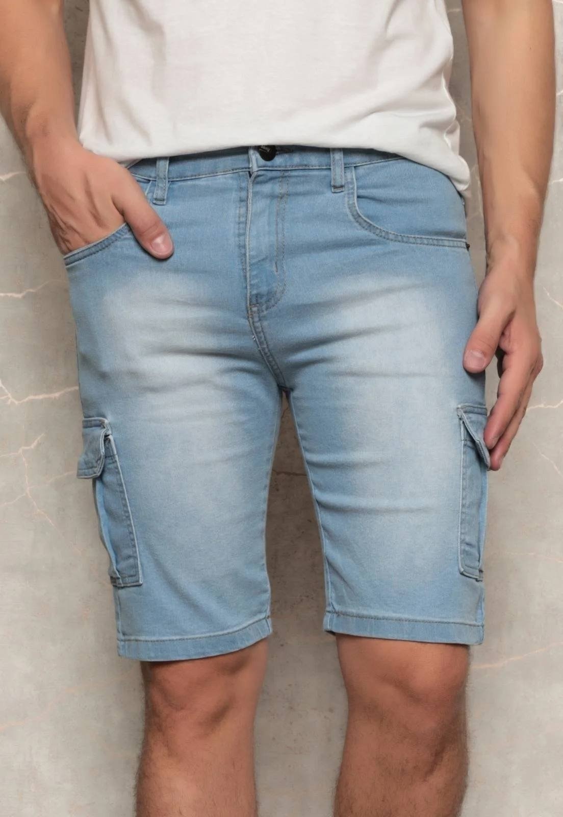 Imagem principal Bermuda Jeans Cargo Masculina Avec Confortável E Estiloso Lavagem Clara Avec azul