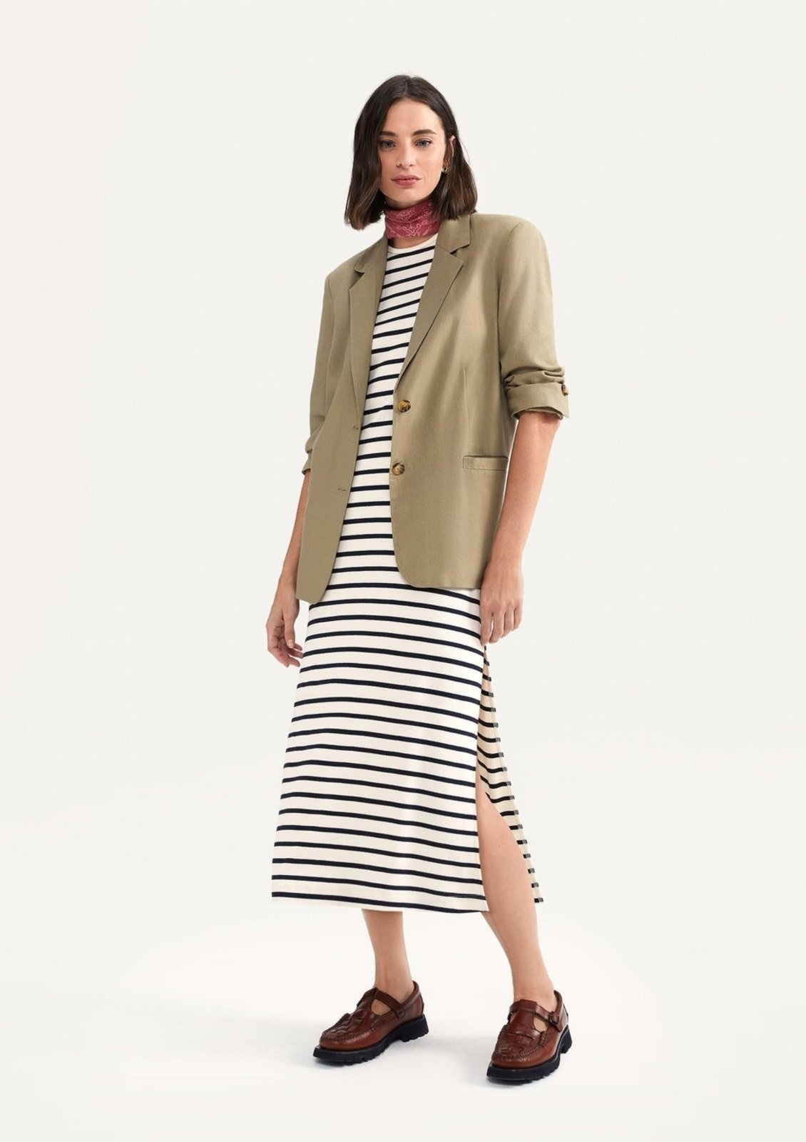 Imagem principal Vestido Midi Listrado Com Fenda Hering nude