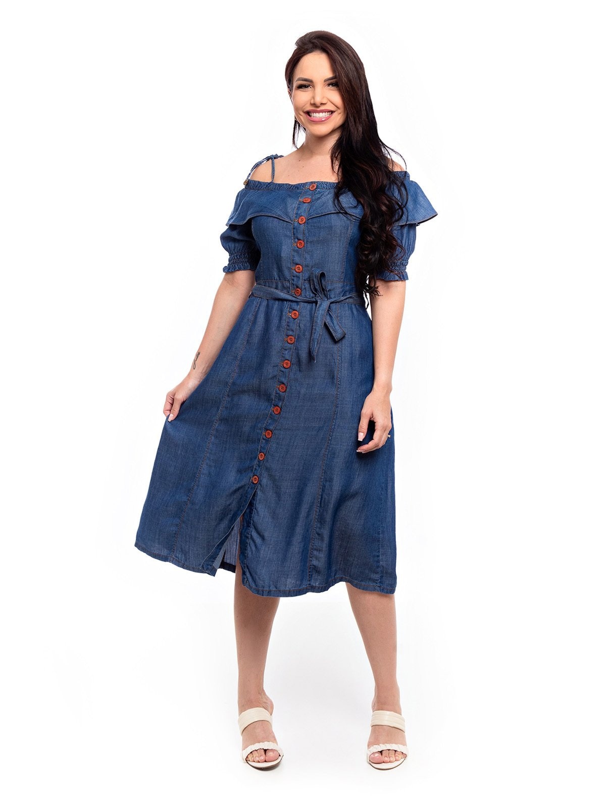 Imagem principal Vestido Midi Restrito Jeans Liocel Ombro a Ombro Restrito Jeans azul