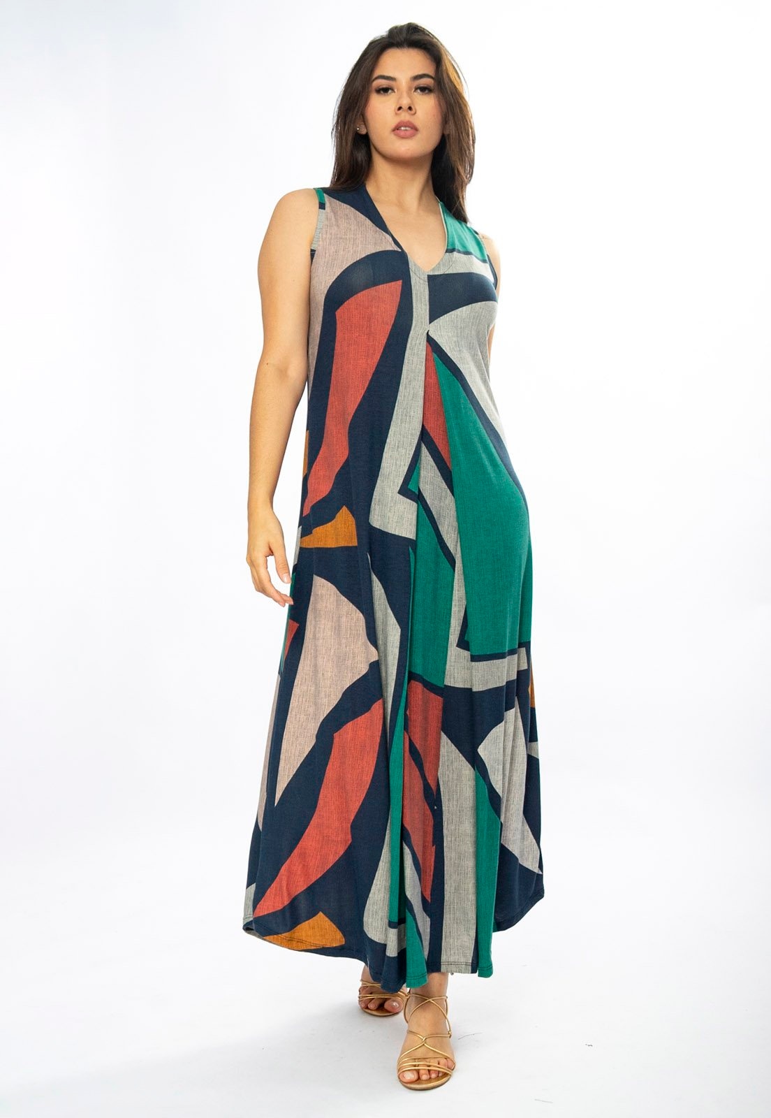 Imagem principal Vestido Longo Amazônia Vital Acará Malha Estampa Geometrias do Tempo Amazonia Vital azul marinho/cinza/estampado/verde