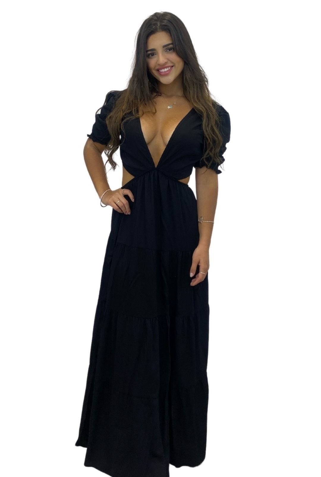 Imagem principal Vestido Decotado Manu Abertura Viscose Manga Curta Cia do Vestido preto