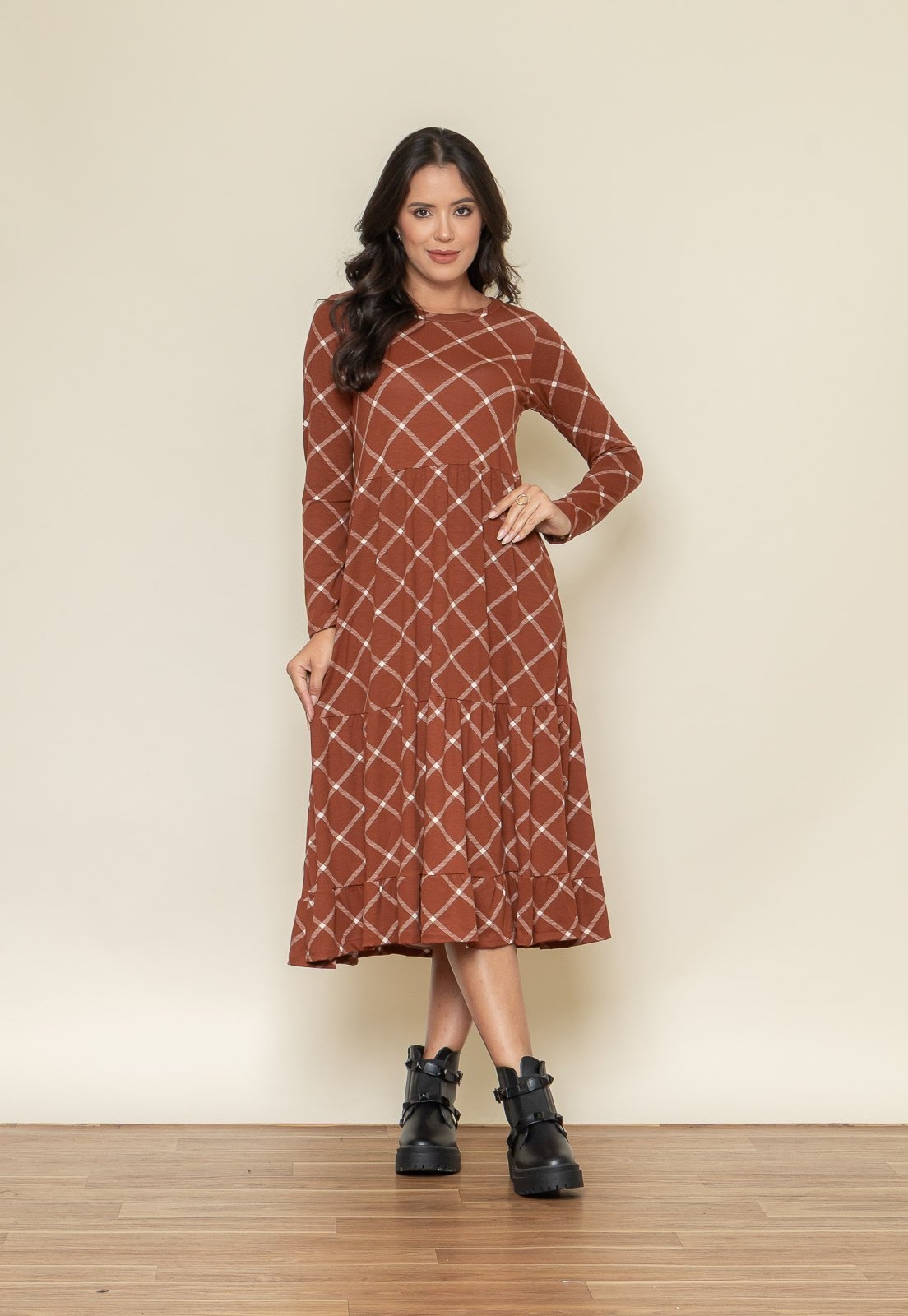 Imagem principal Vestido Aura Núbia Manga Longa Xadrez Caramelo Aura amarelo