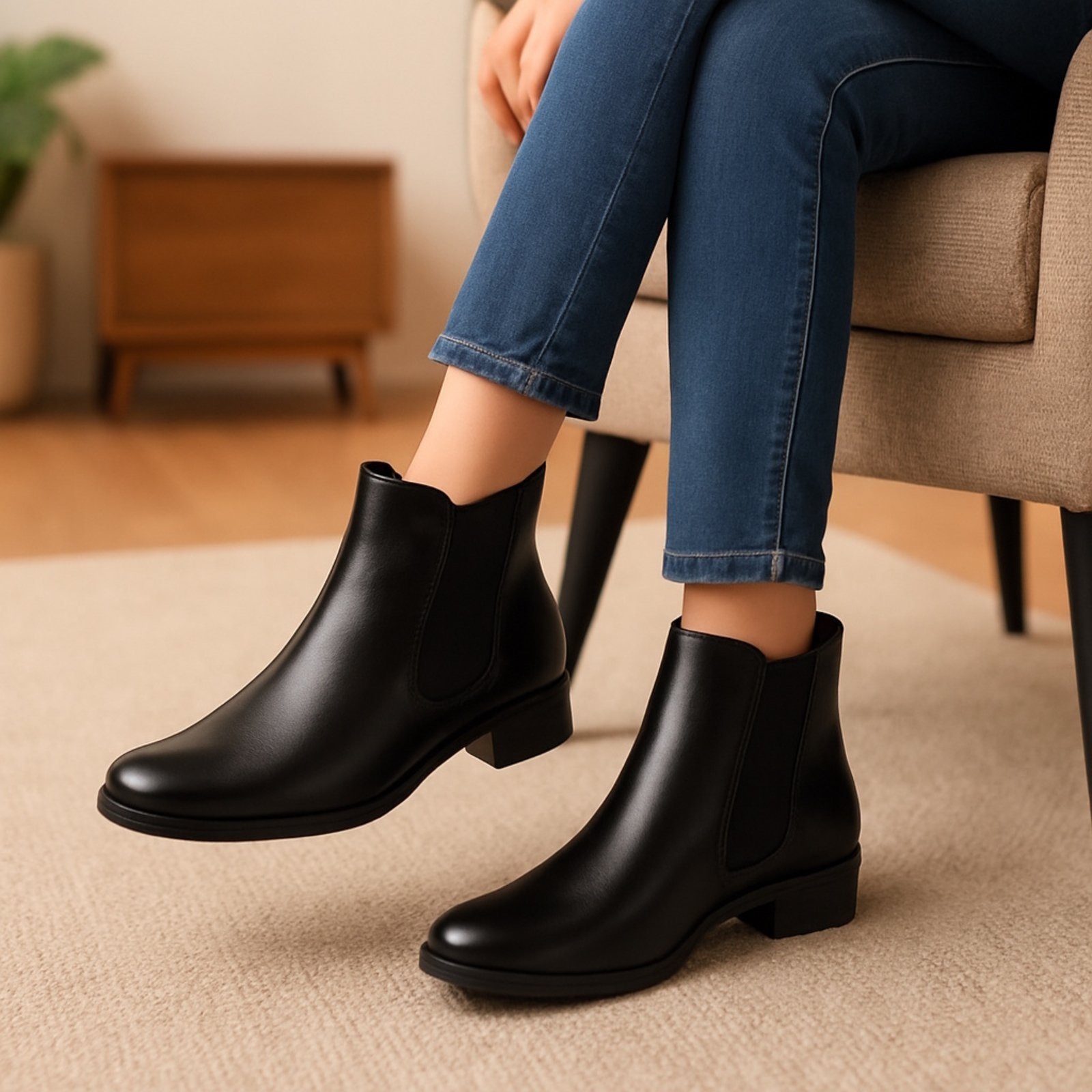 Imagem principal Bota Cano Curto Feminina Bia Ramos em Couro com Elástico Lateral Preta Bia Ramos preto