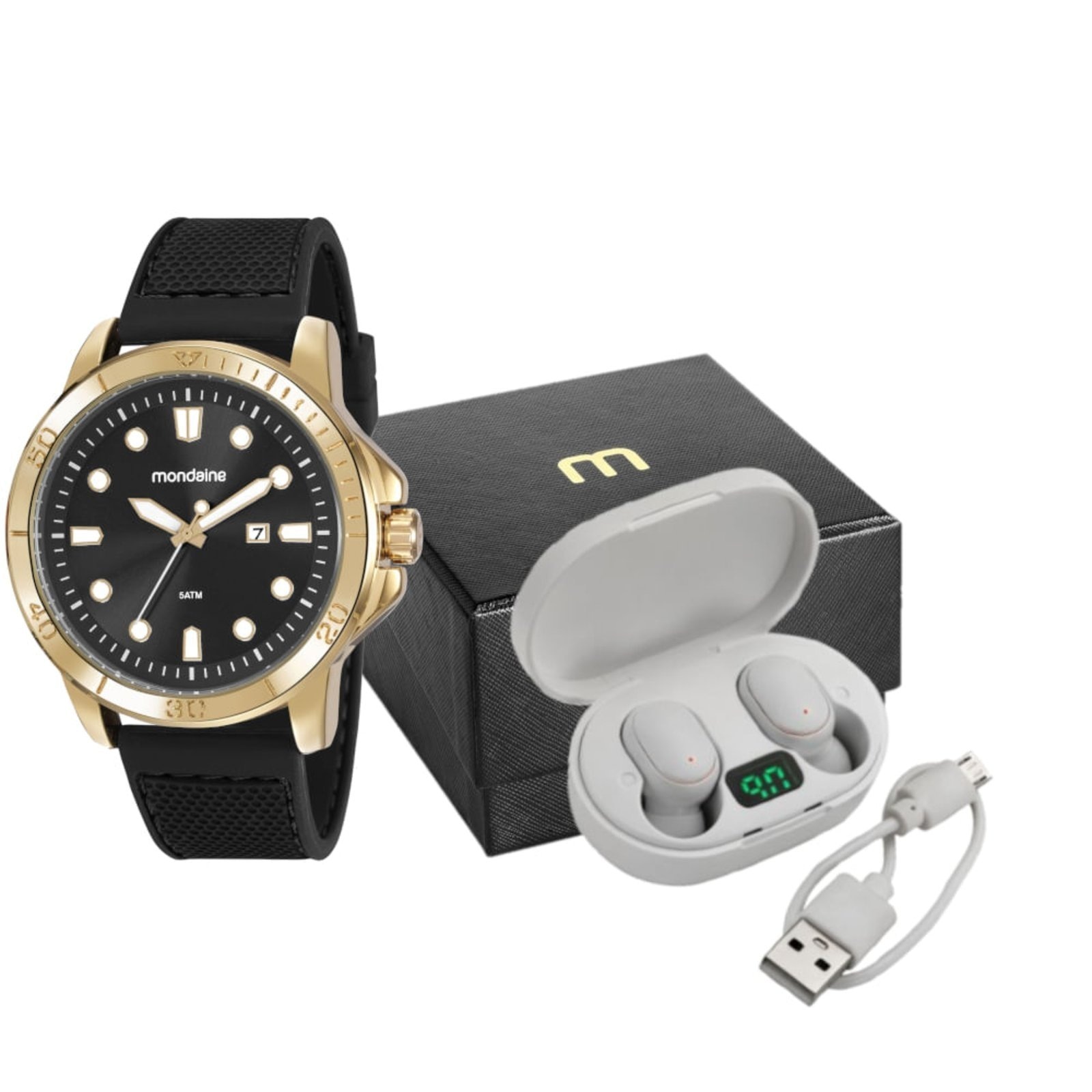 Imagem principal Kit Relógio Masculino Dourado Calendário Com Fone Bluetooth Mondaine preto