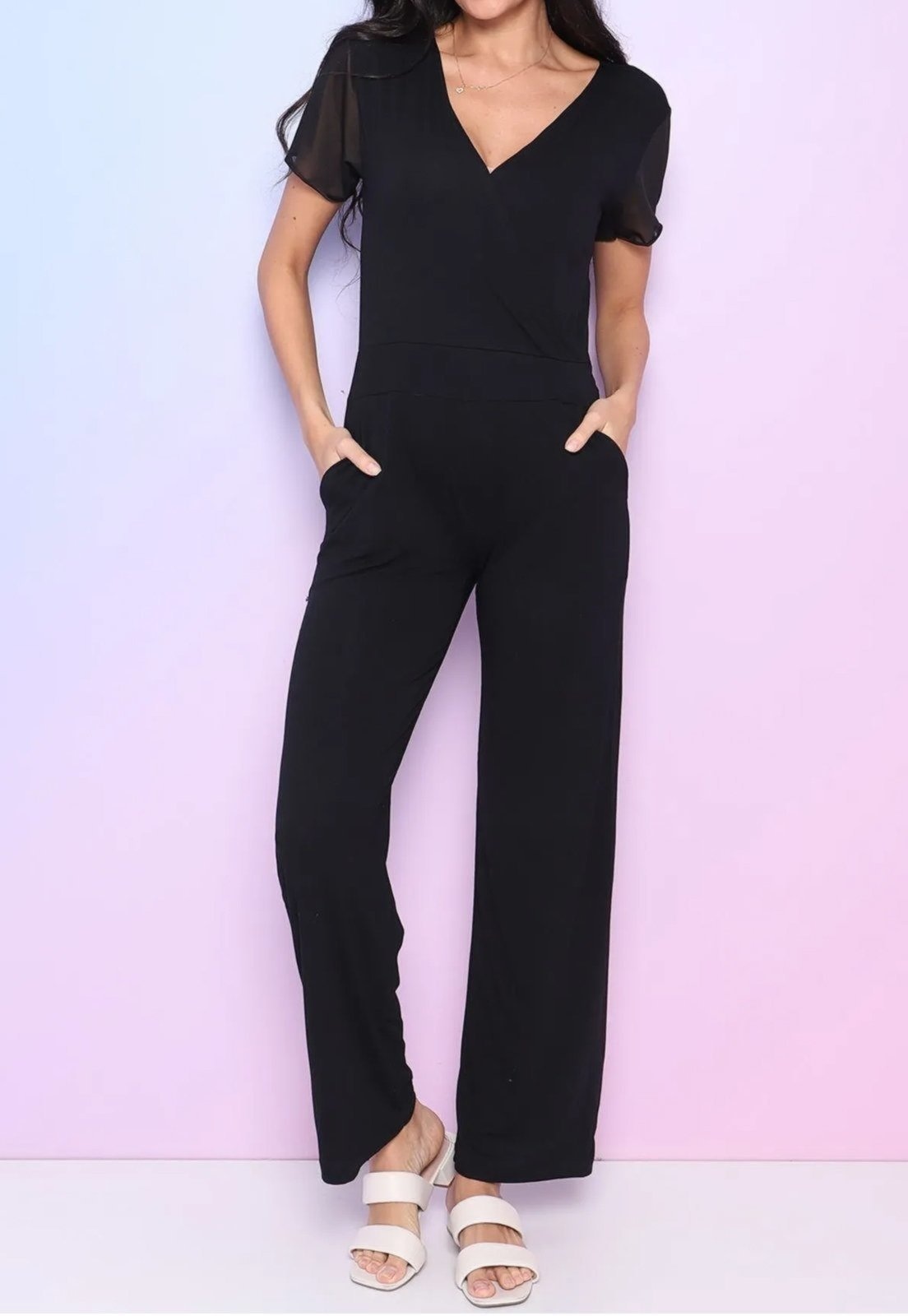 Imagem principal Macacão Transpassado Maria Paes Manga Curta de Tule Maria Paes preto