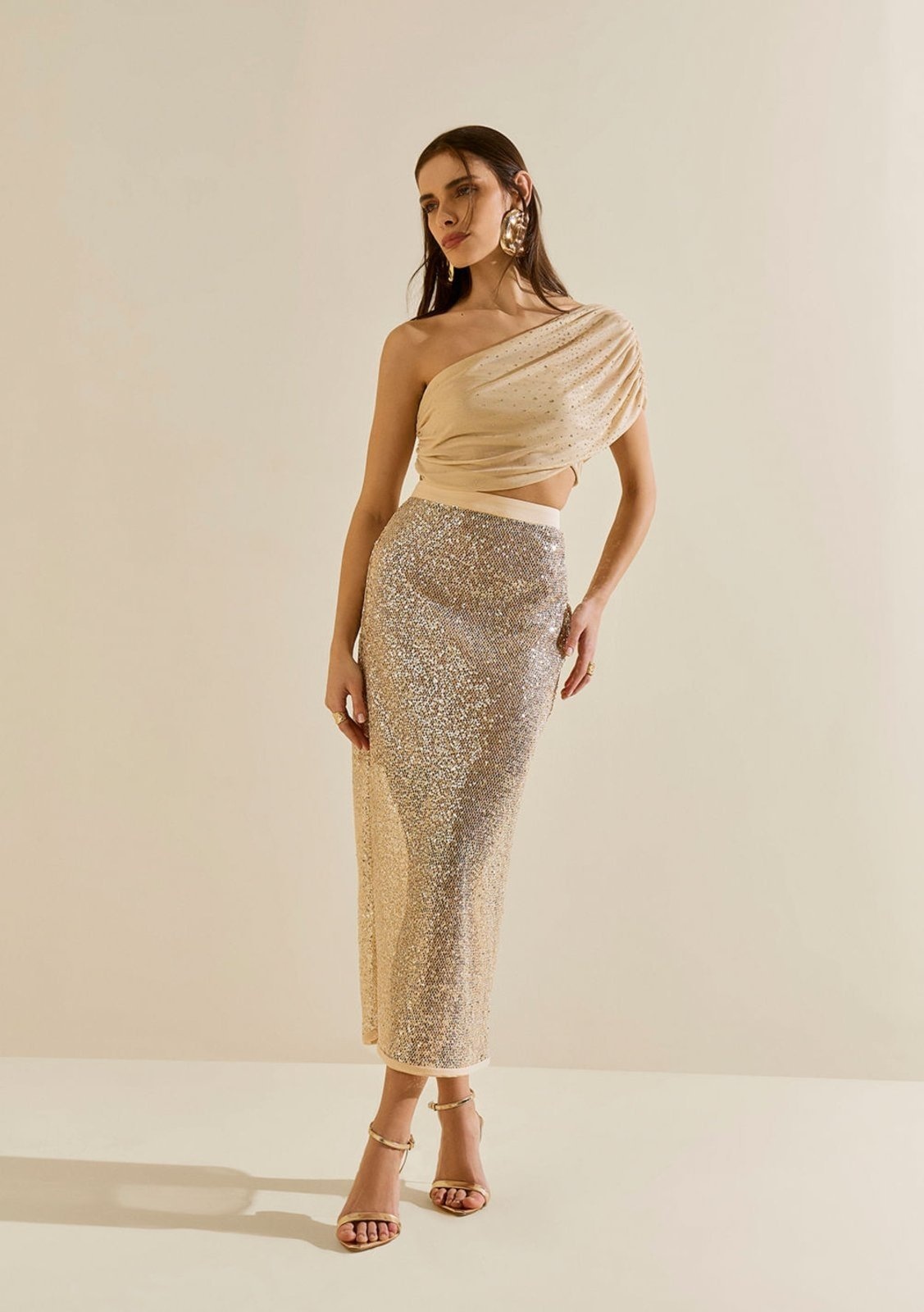 Imagem principal Saia Morena Rosa Reta Alta Midi Bege Morena Rosa bege rosa