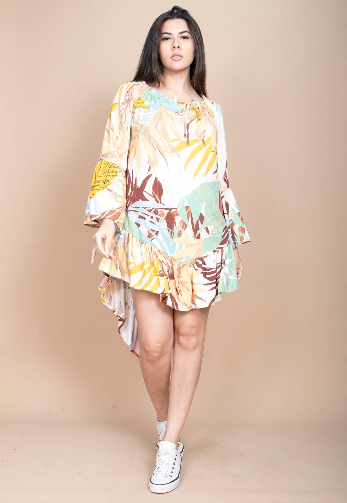 Imagem principal Vestido Curto Cabanafree Viscose Com Babados Estampa Aurora Suave Cabanafree amarelo/azul/estampado/verde