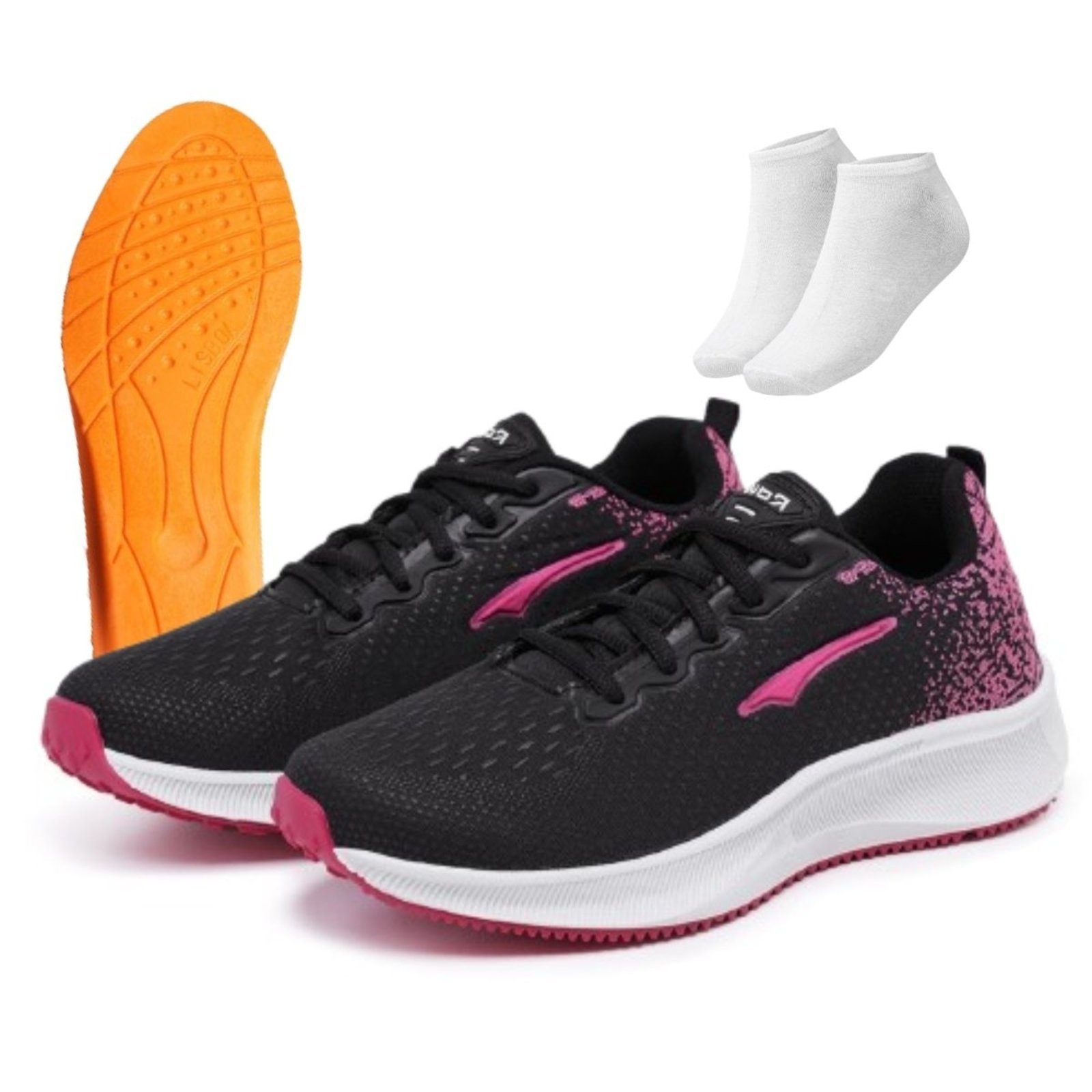 Imagem principal Kit Tênis Feminino Academia Casual Esportivo Macio Ortopédico Preto + Meia e Palmilha Bia Ramos pink/preto pink