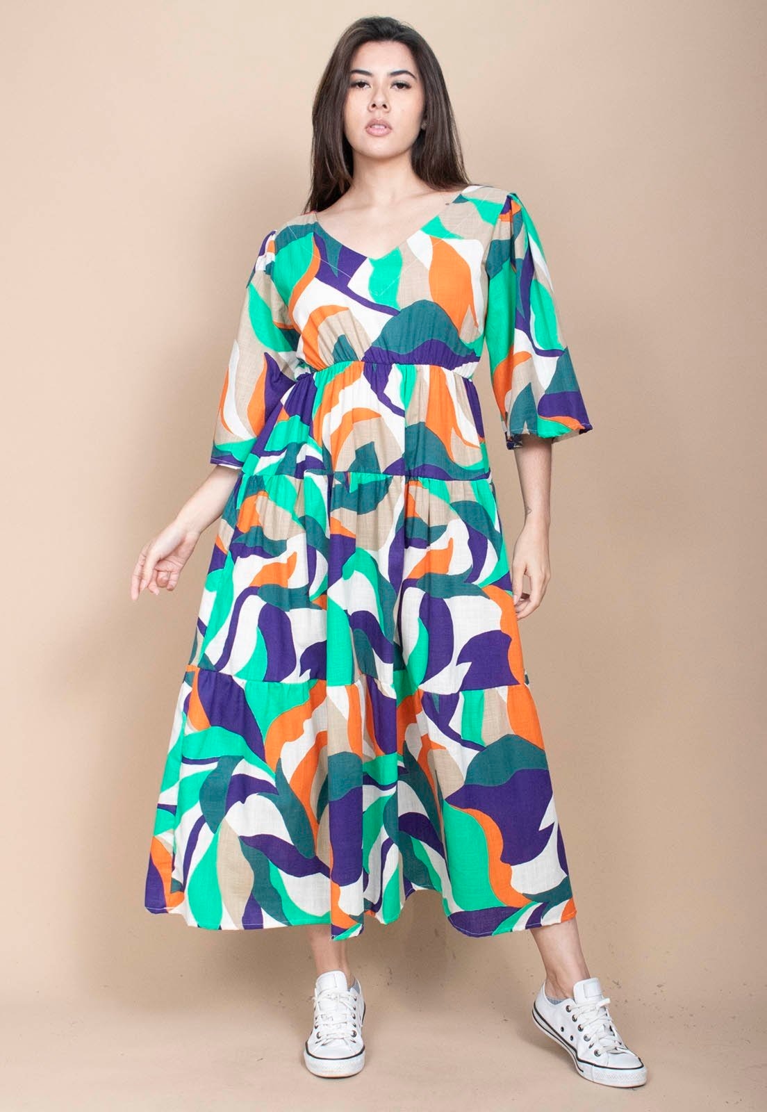 Imagem principal Vestido Longo Cabanafree Plano com Manga e Camadas Estampa Brisa do Mar Cabanafree azul/estampado/laranja/off-white/verde