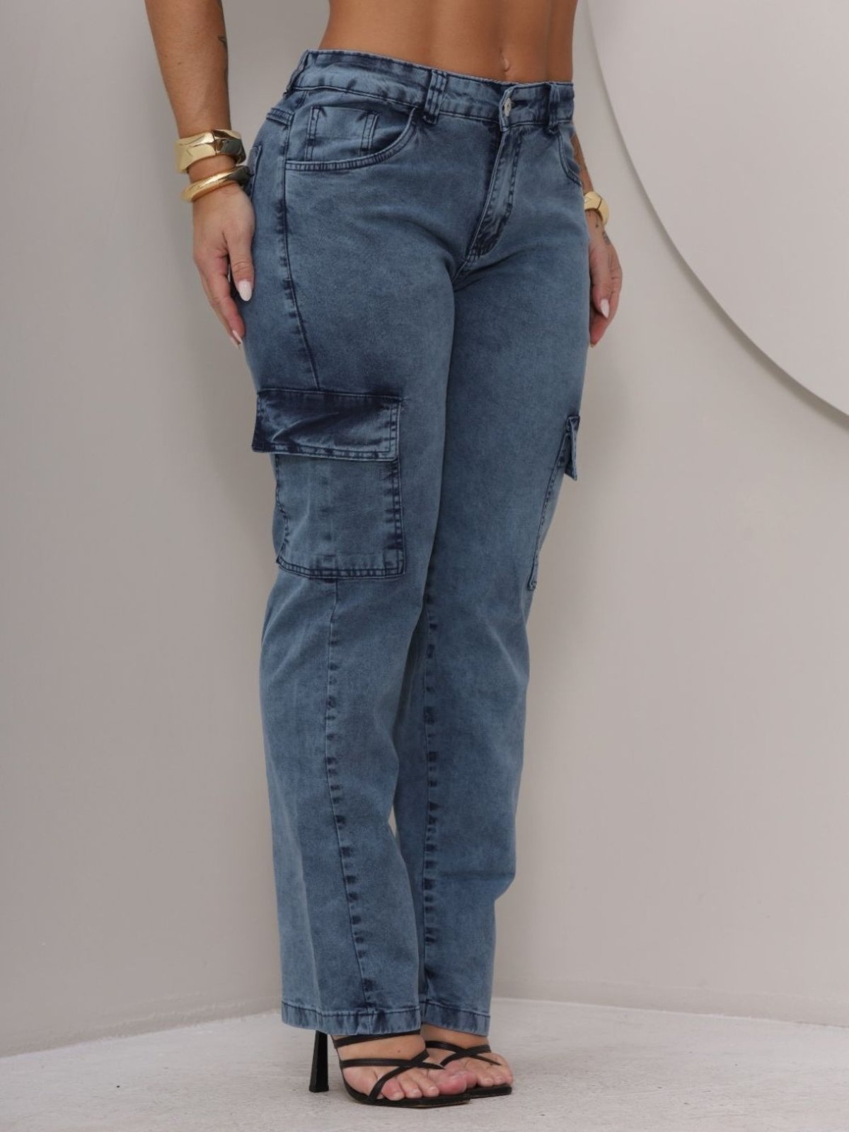 Imagem principal Calça Feminina Cargo Loka Manchada Jeans Loka azul/jeans