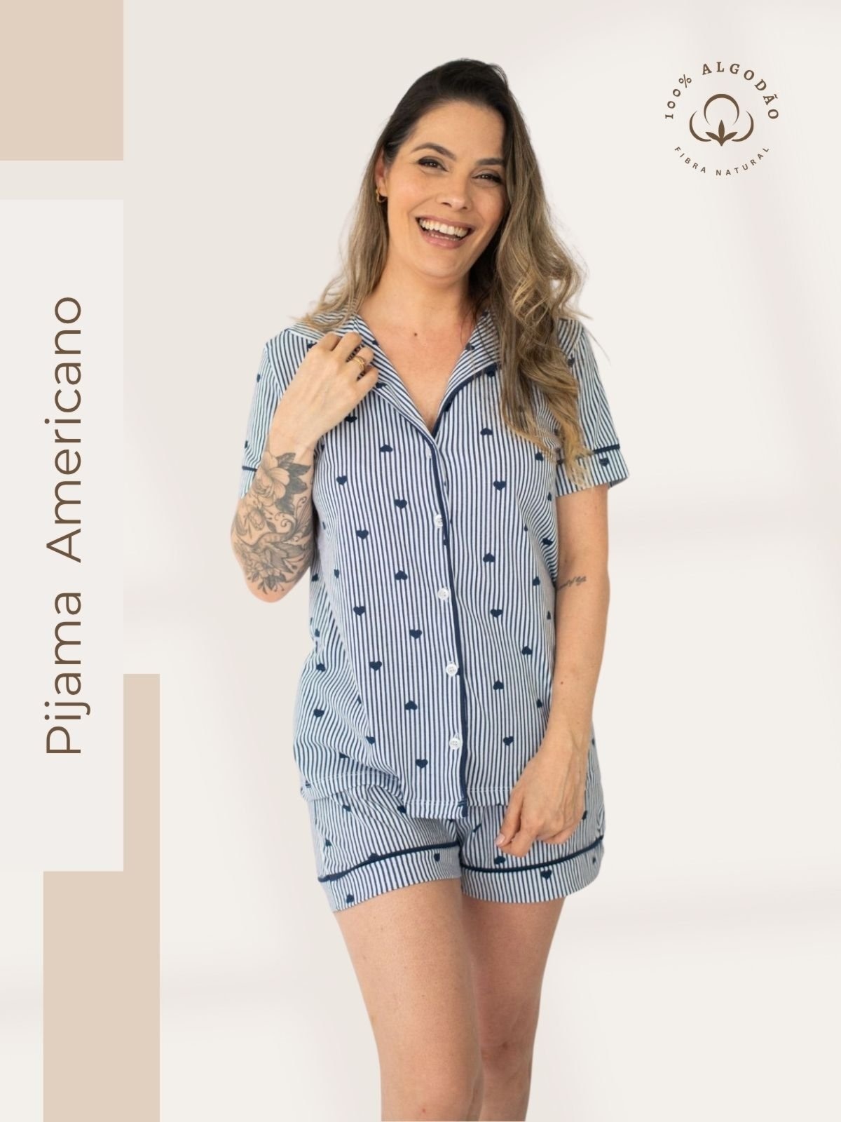 Imagem principal Pijama Americano Curto Algodão Flávia - Listrado Marinho Coração Piante azul marinho