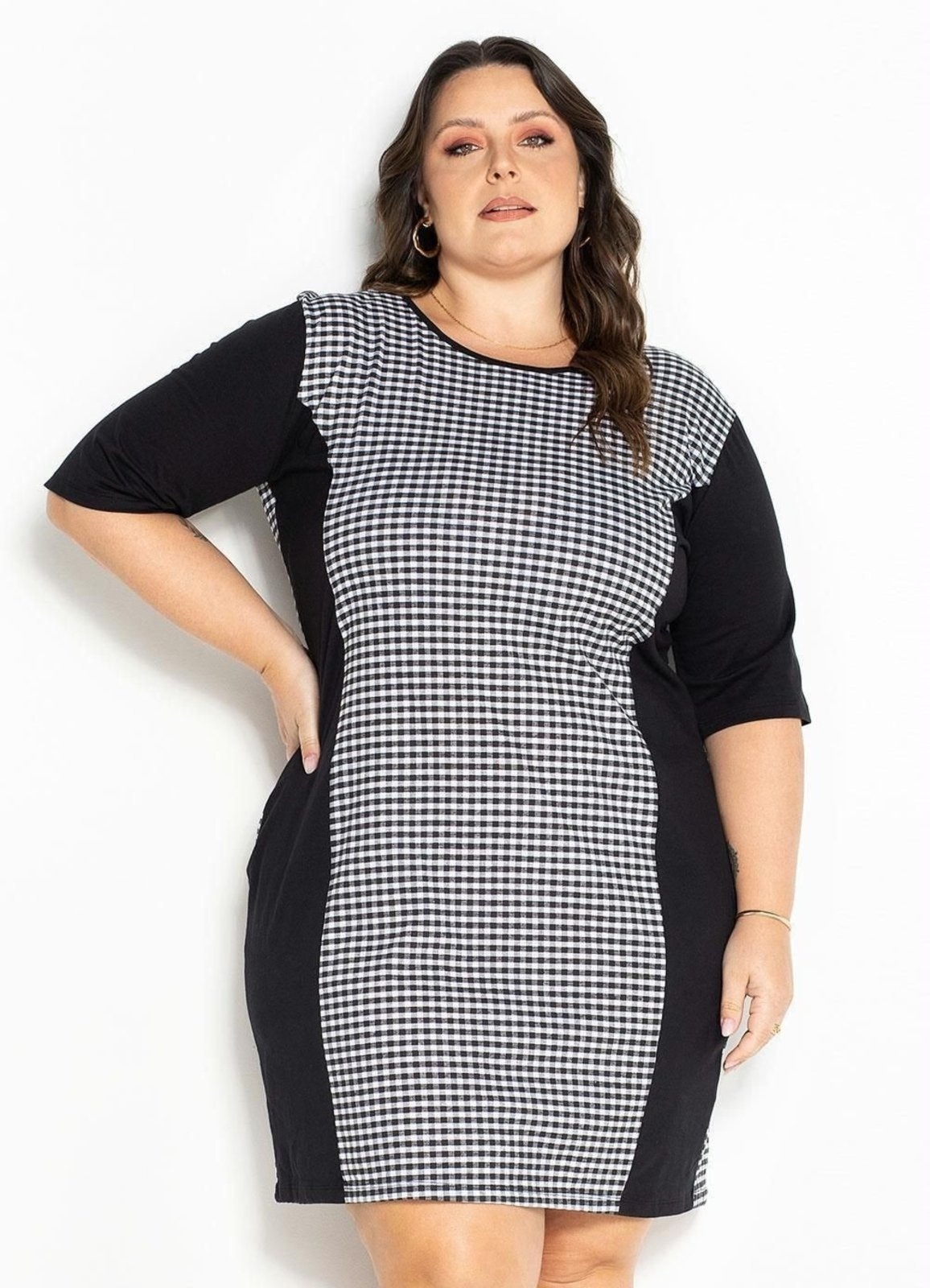 Imagem principal Vestido Com Recortes Plus Size Xadrez Marguerite preto