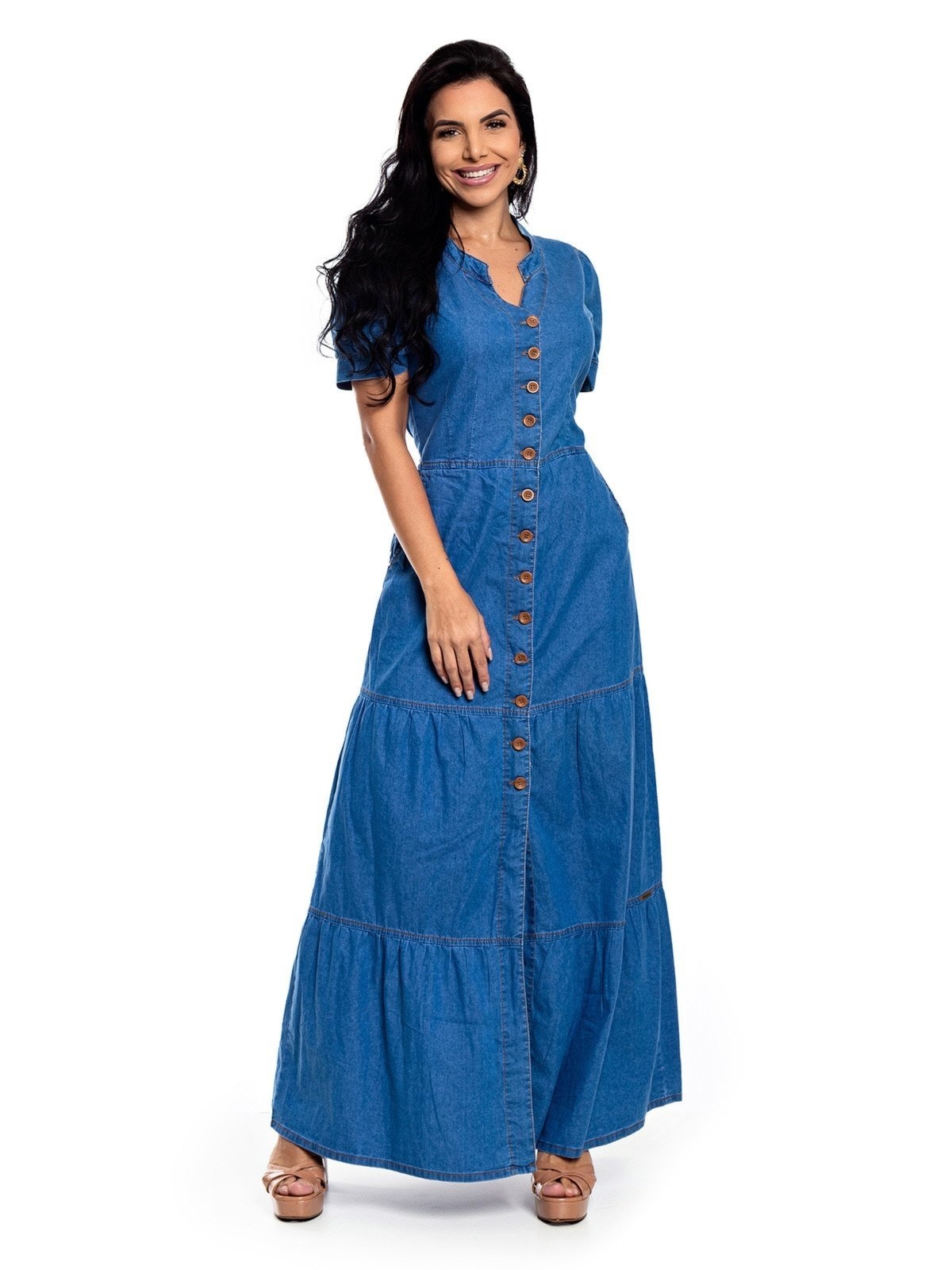 Imagem principal Vestido Longo Restrito Jeans Com Manga e Botões Médio Restrito Jeans azul