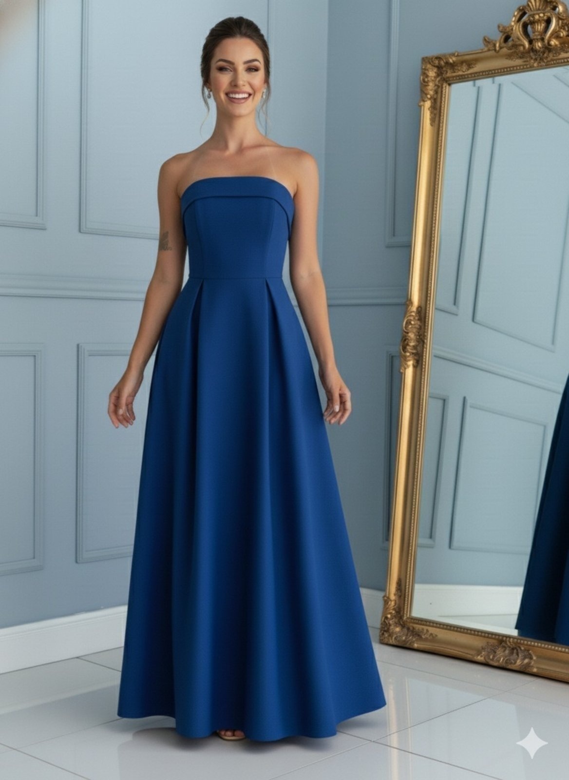 Imagem principal Vestido Longo com Pregas Decote Reto Festa Madrinha Linho Misto Royal FS CONCEPT azul