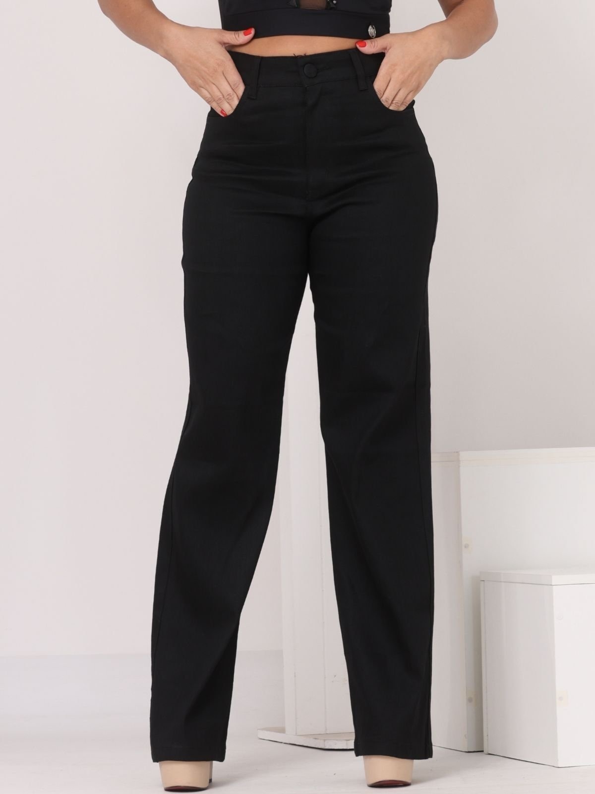 Imagem principal Calça Donna De Paula Wide Leg Preta Com Elastano Cintura Alta Pantalona Feminina Donna de Paula preto