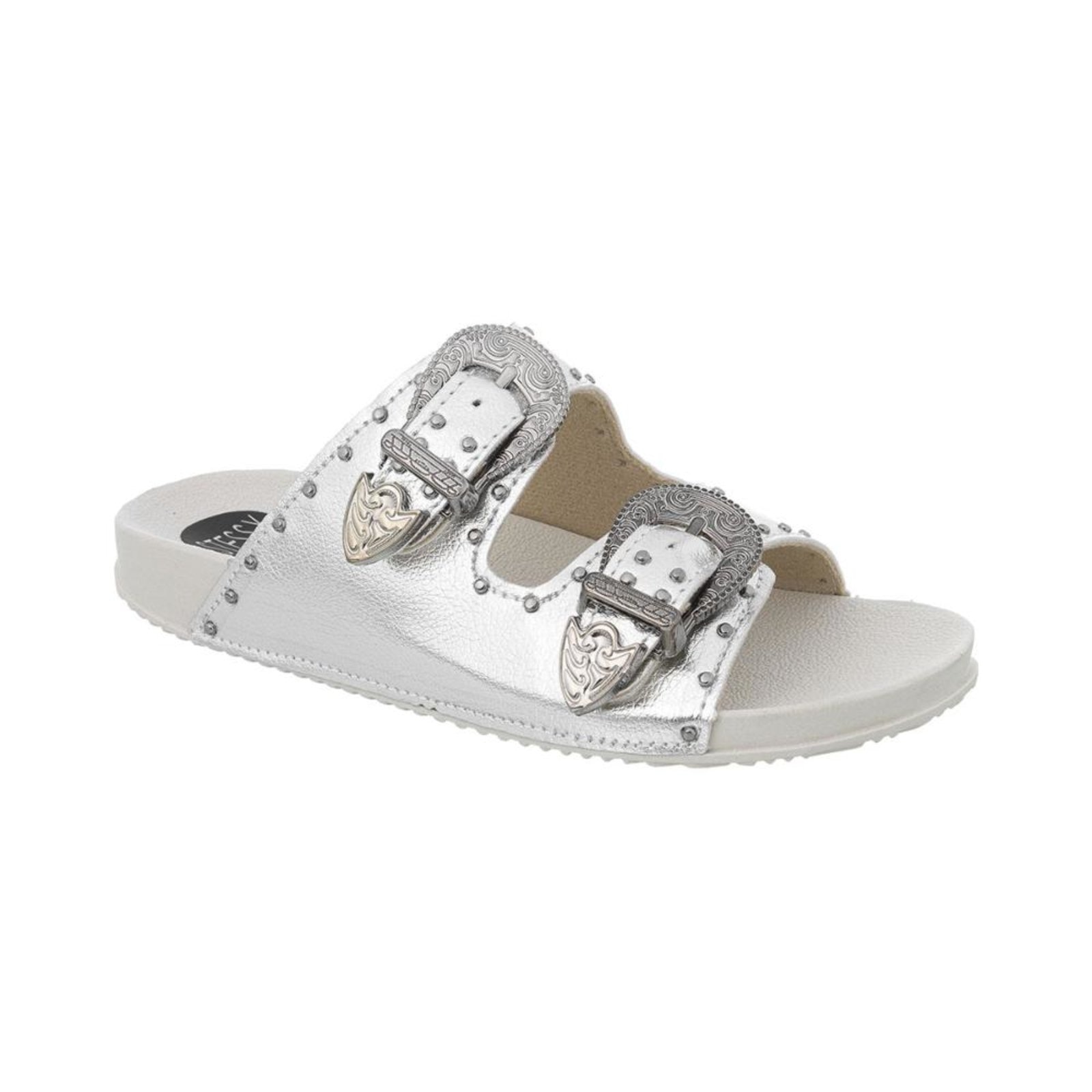 Imagem principal Sandália Papete Feminina Rasteirinha Fivelas Moda Original Metalizada Stessy Shoes prata