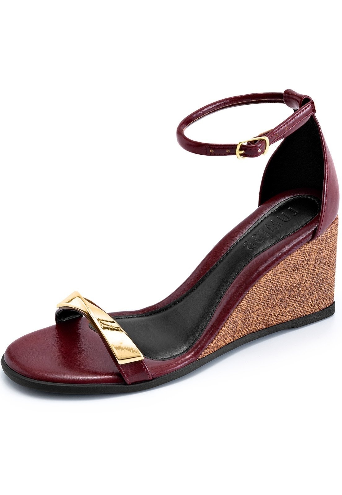 Imagem principal Sandália Feminina Lumiss Anabela Bico Redondo Juta Enfeite Metalizado Marsala LUMISS vinho