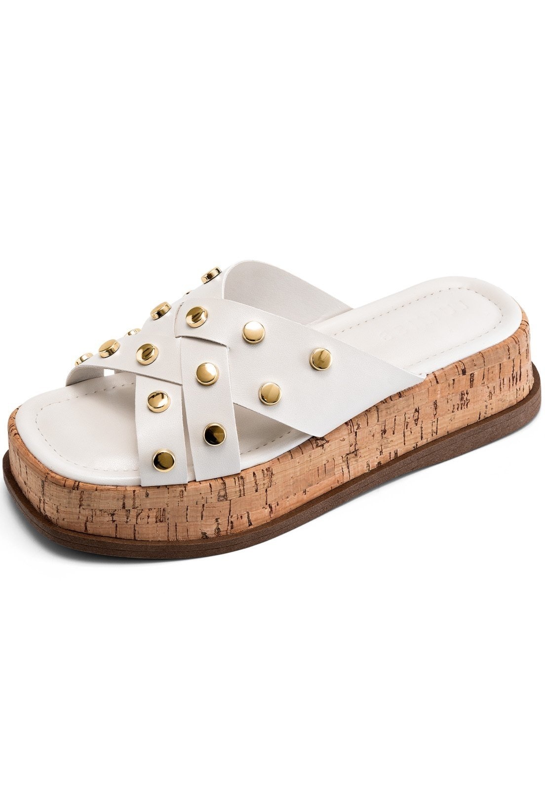 Imagem principal Sandália Feminina Lumiss Flatform Tachas Rebite Dourado Cortiça Confortável Off White LUMISS off-white white