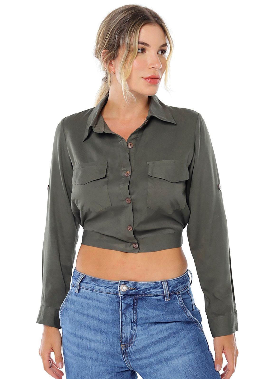 Imagem principal Jaqueta Cropped Leve Estilo Camisa Feminina Militar SOB verde