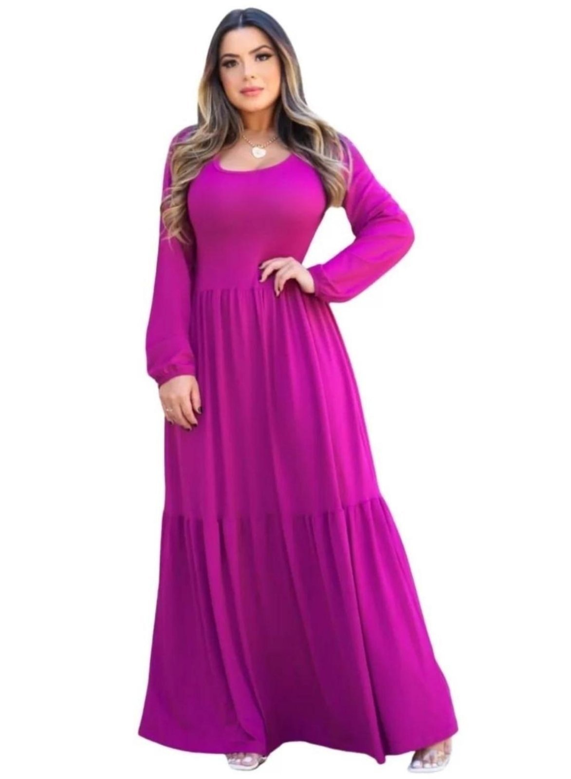 Imagem principal Vestido Longo Manga Longa Outono Inverno Viscolycra Fúcsia Cia do Vestido pink/rosa/roxo