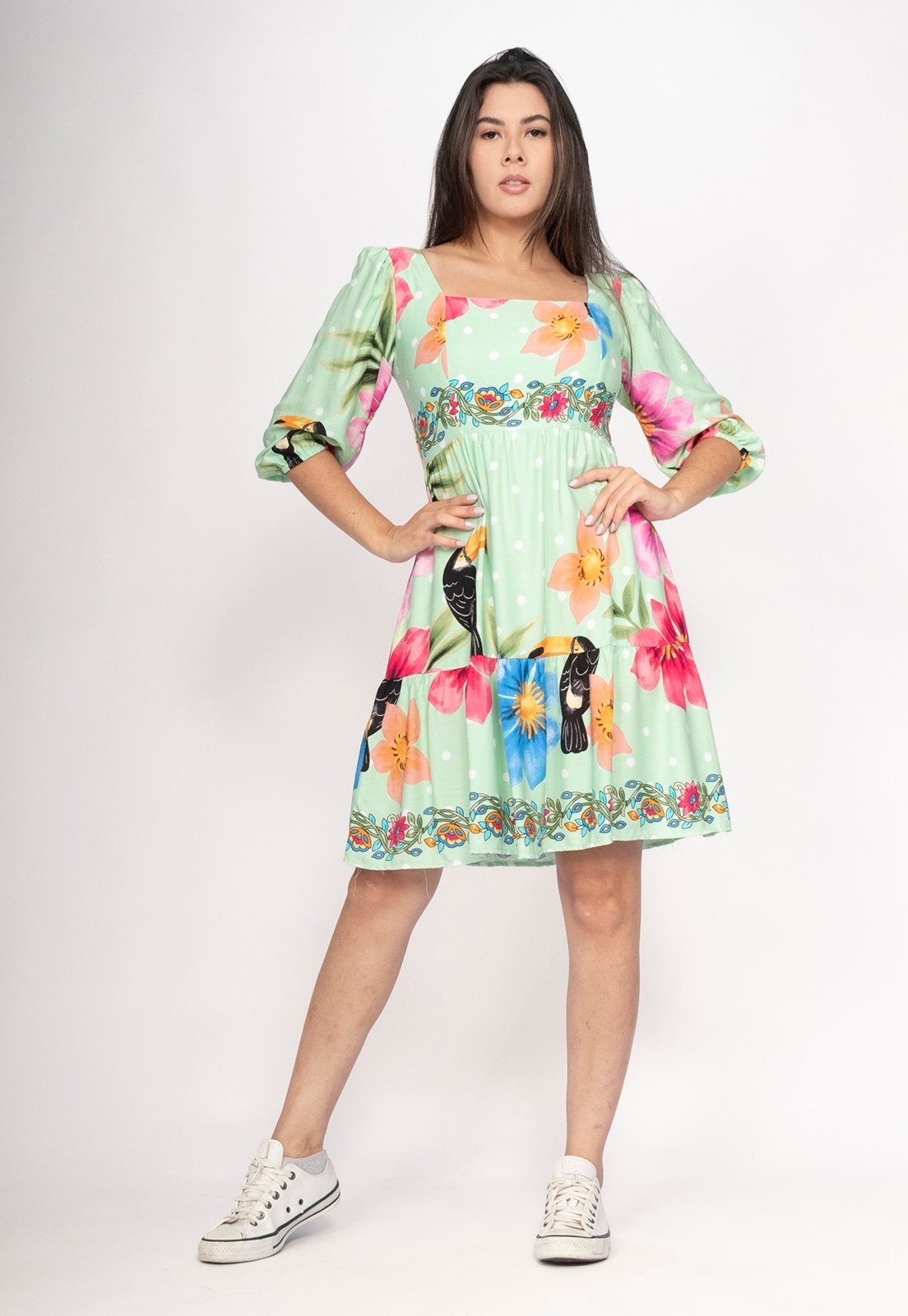 Imagem principal Vestido CabanaFree Curto Manga 3/4 Estampa Jardim do Cerrado Verde Cabanafree estampado verde