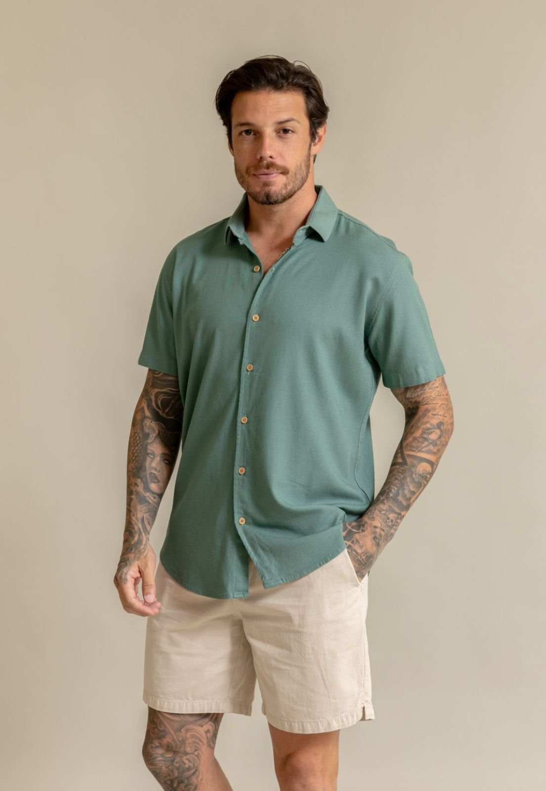 Imagem principal Camisa Social Manga Curta com Viscose e Linho Dialogo Dialogo Jeans verde