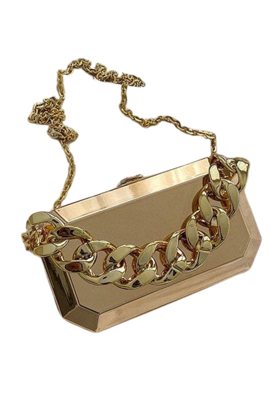 Imagem principal Bolsa Clutch de Festa Metalizada Retângular com Alças removíveis Micca Dourada Cia do Vestido dourado