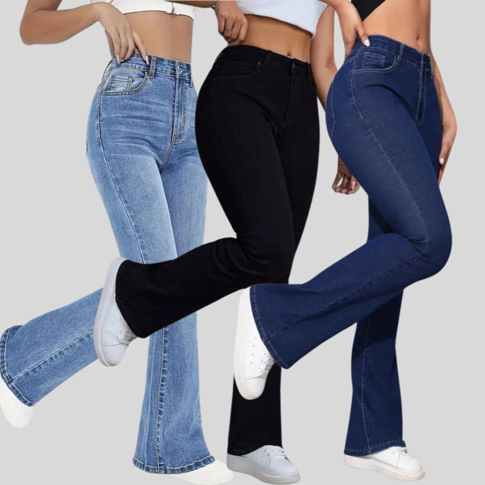 Imagem principal Kit 3 Calças Femininas Flare Lavagem Clara, Preta e Lavagem Escura Cintura Alta TEX JEANS jeans