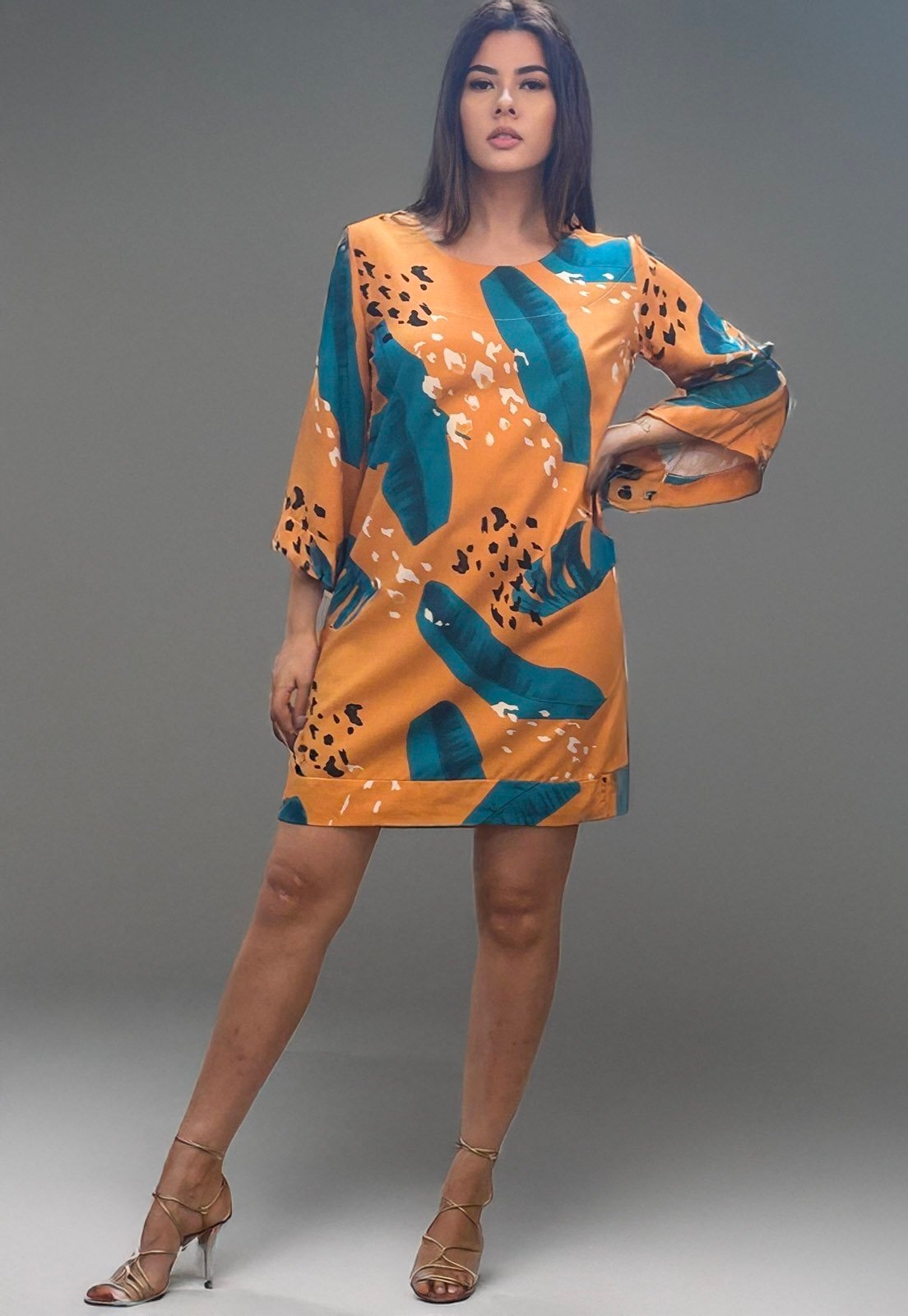 Imagem principal Vestido Curto Amazonia Vital Viscose Manga Ampla Balli Aurora Botânica Amazonia Vital azul/estampado/preto