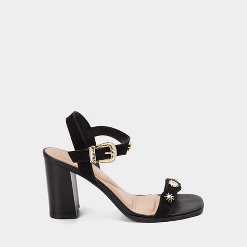 Sandália Feminina Gabriela Salto Bloco Alto Tachas Camurça