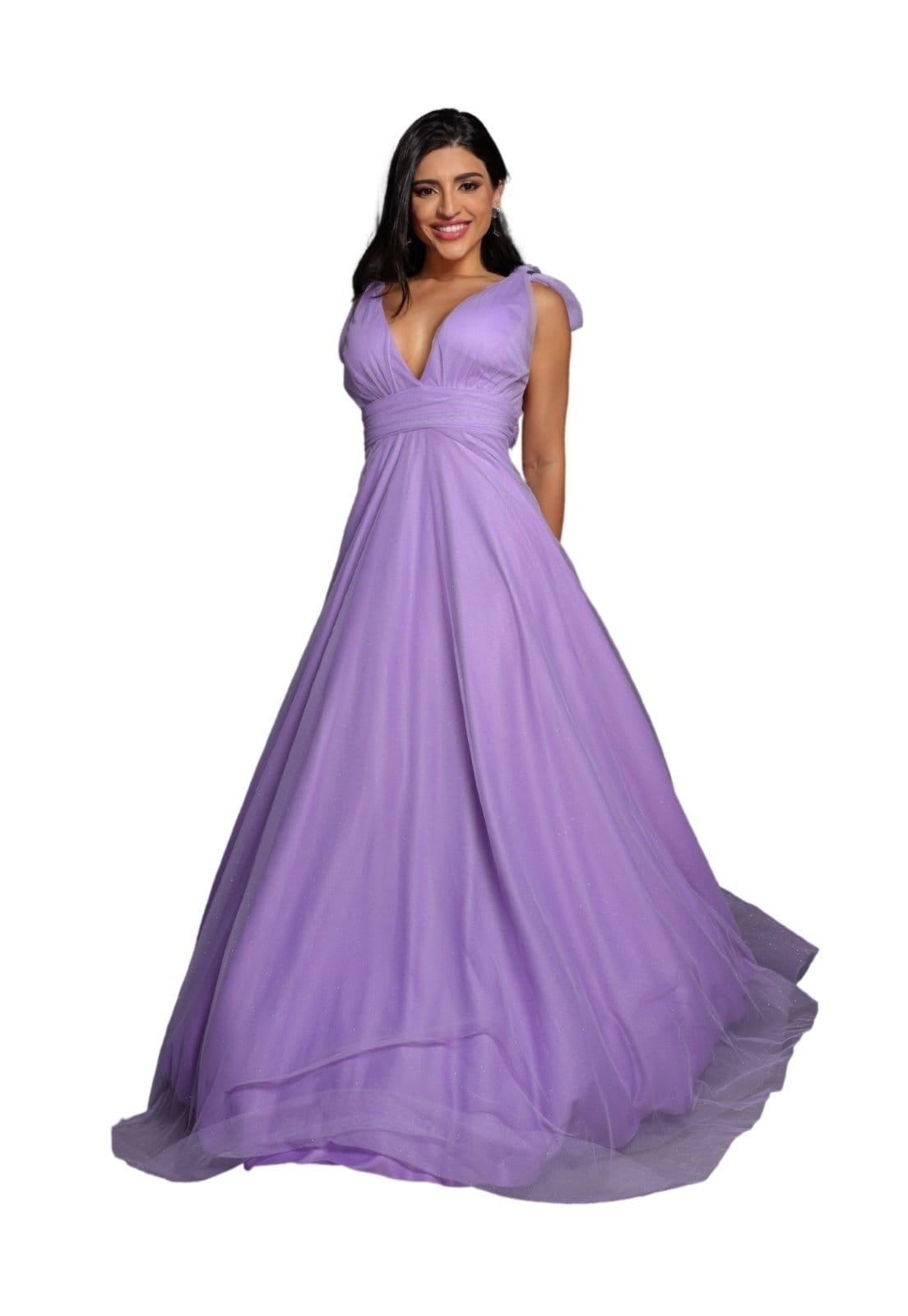 Vestido Longo de Festa Micro Tule com Brilho Madrinhas Decote em V Greice Lavanda Lilás