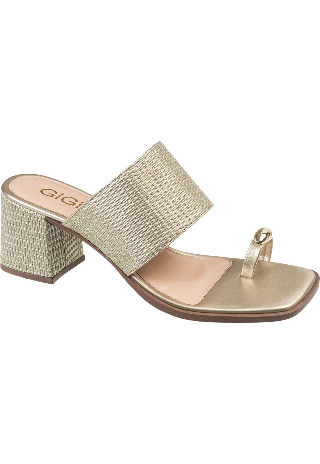 Imagem principal Sandália Feminina Tamanco GiGiL Tira Larga Anel de Dedo Detalhe Metalizado Ring Toe Salto Bloco Elegante Gigil dourado