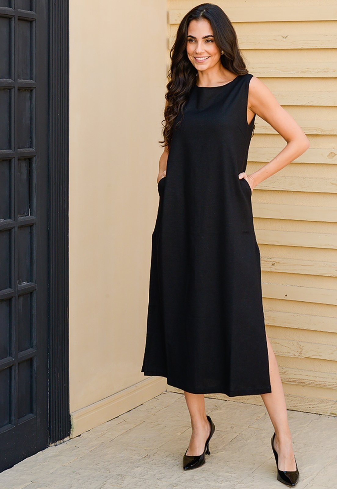 Imagem principal Vestido Midi Alça Larga com Fendas B’Bonnie Alice B'Bonnie preto