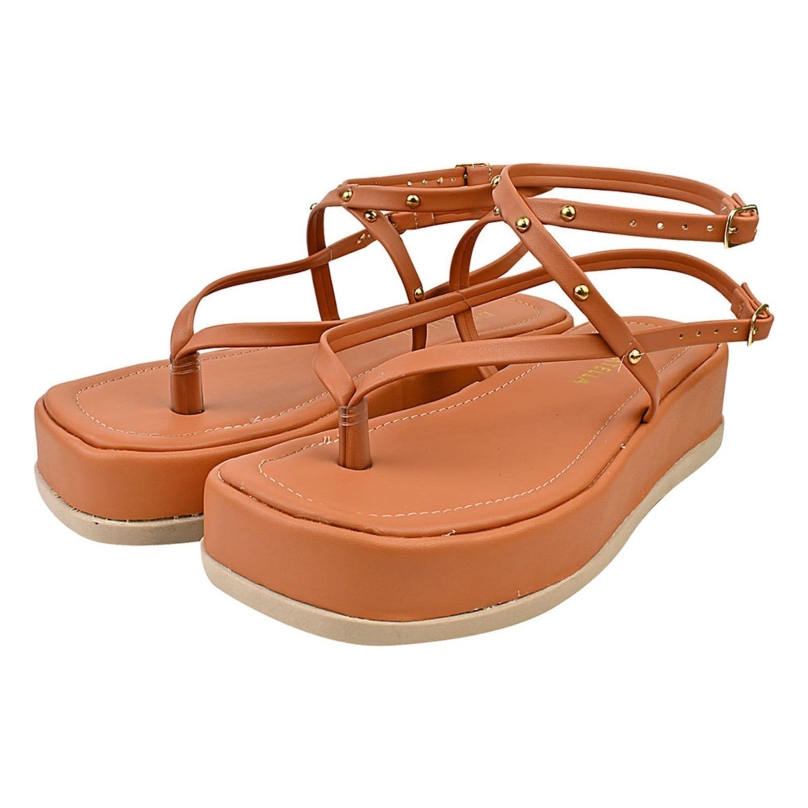 Sandalia Feminina Plataforma Donatella Shoes Confortável Chinelo de Dedo Rebite Tacha Fivela