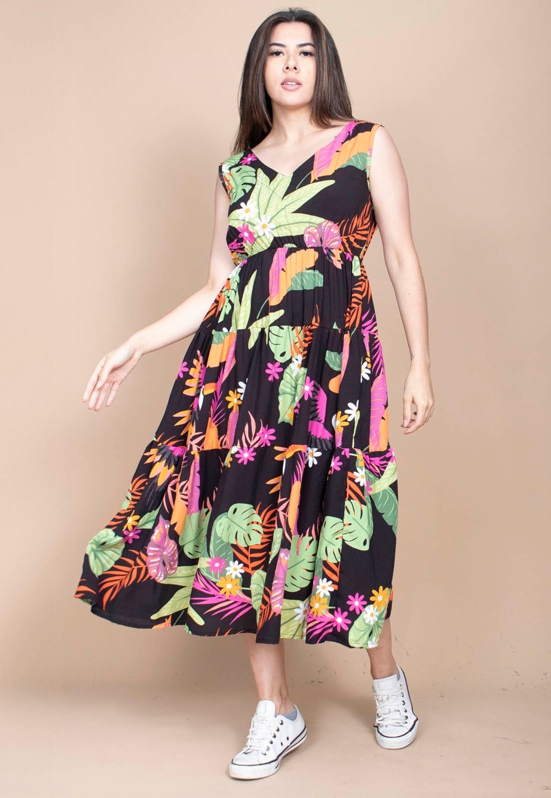 Imagem principal Vestido Cabanafree Regata Longo Peri Viscose Camadas Estampa Noite Botânica Cabanafree estampado/laranja/rosa/verde