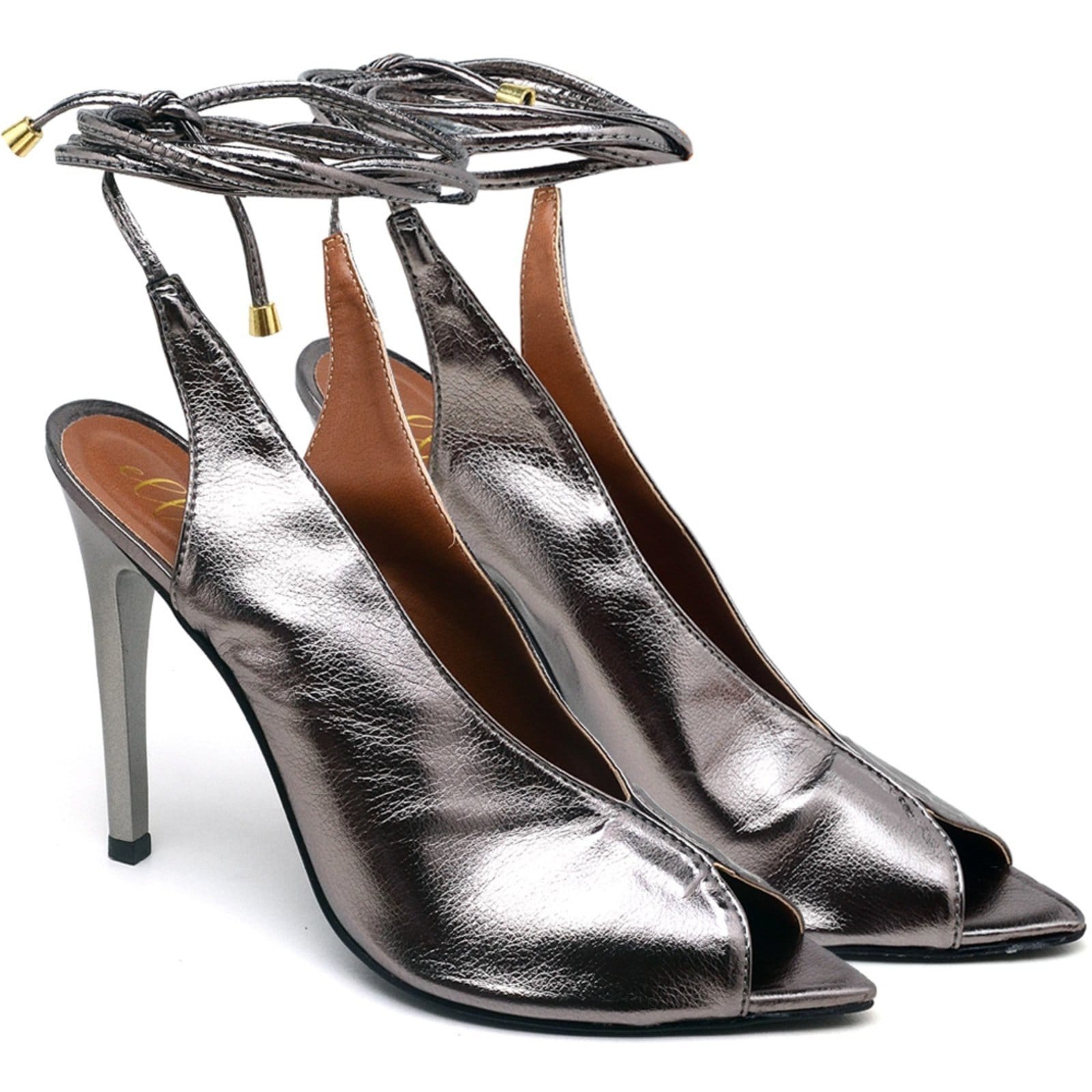 Sandália Salto Alto Bico Folha Metalic Prata Velho
